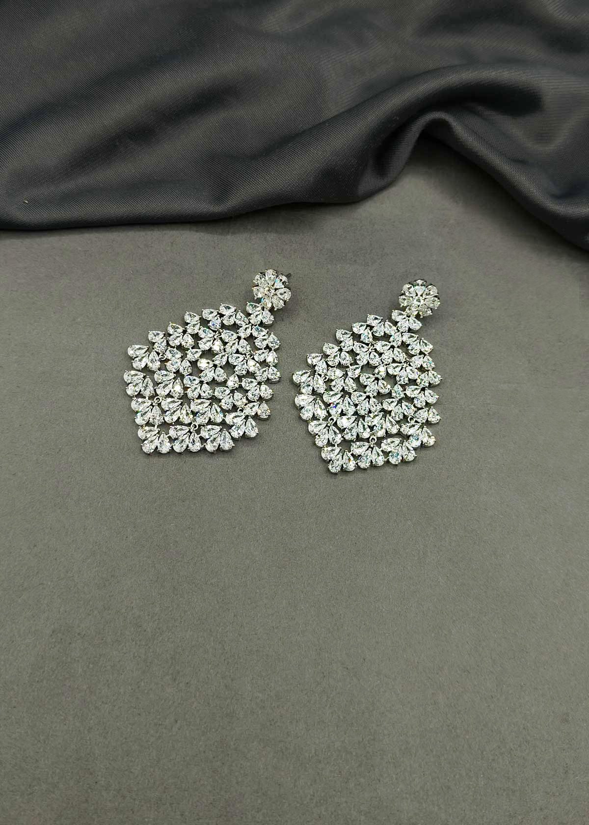 Elegant Silver Plated Tear Drop Diamond Long Earrings