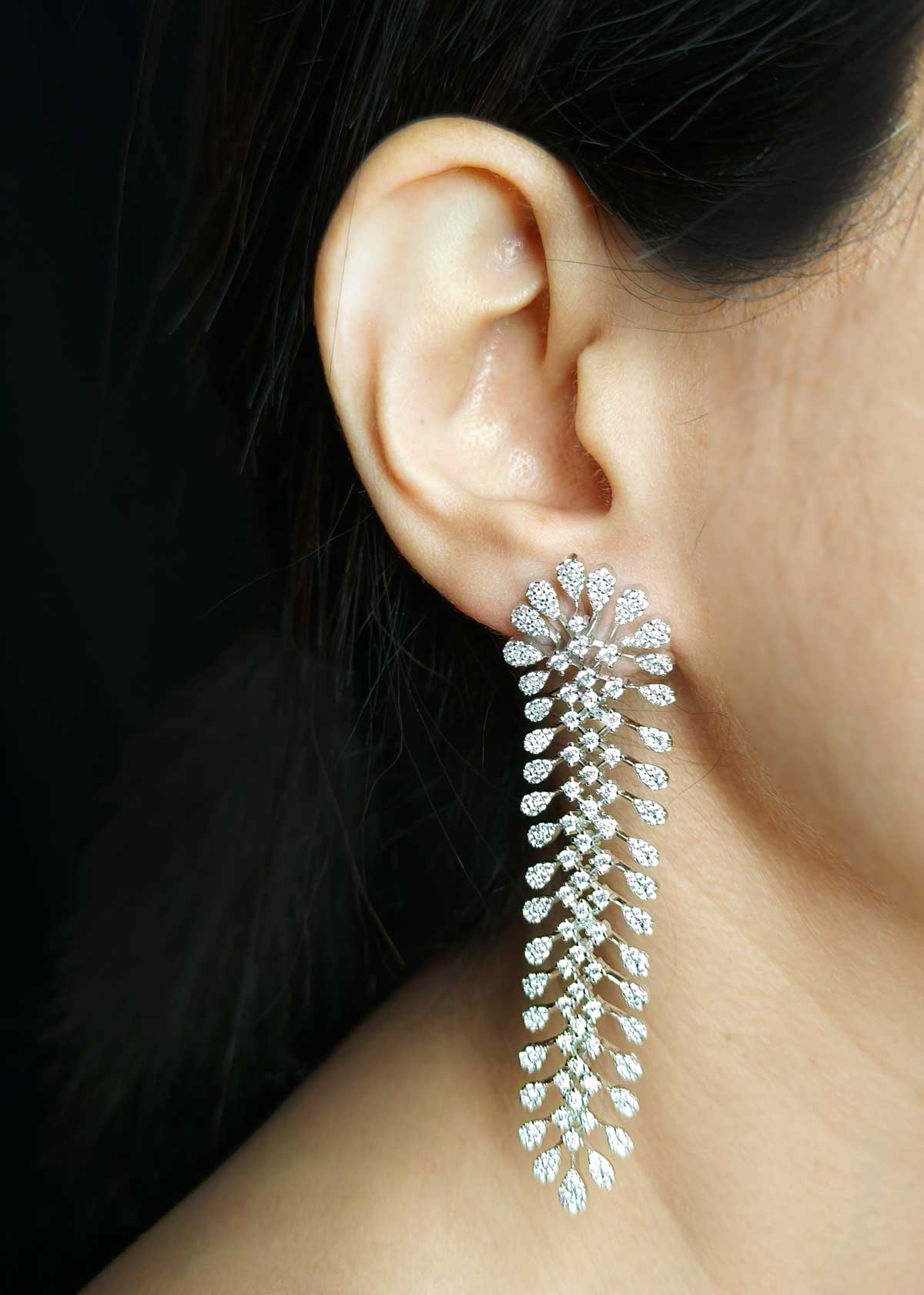 Sparkling Cubic Zircon Silver Plated Cascading Leaf Drop Earrings