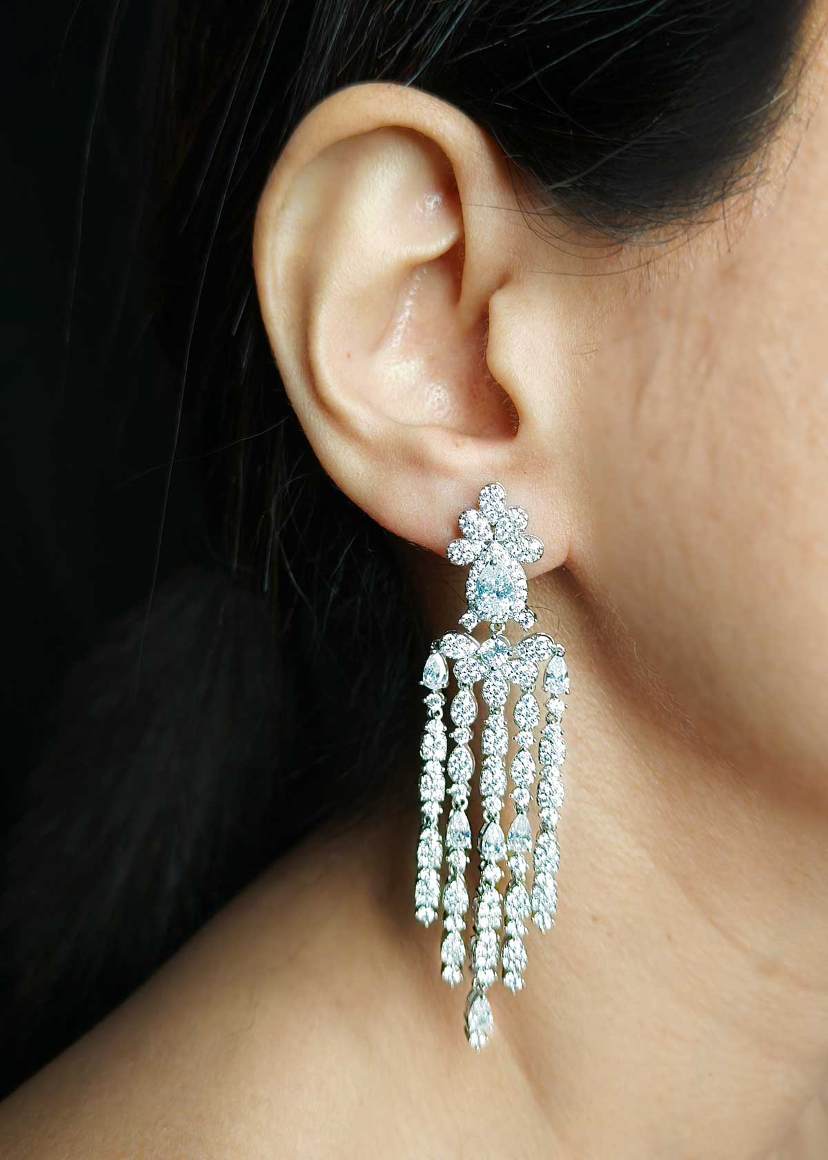Modern Silver Plated Cubic Zircon Tear Drop Long Earrings
