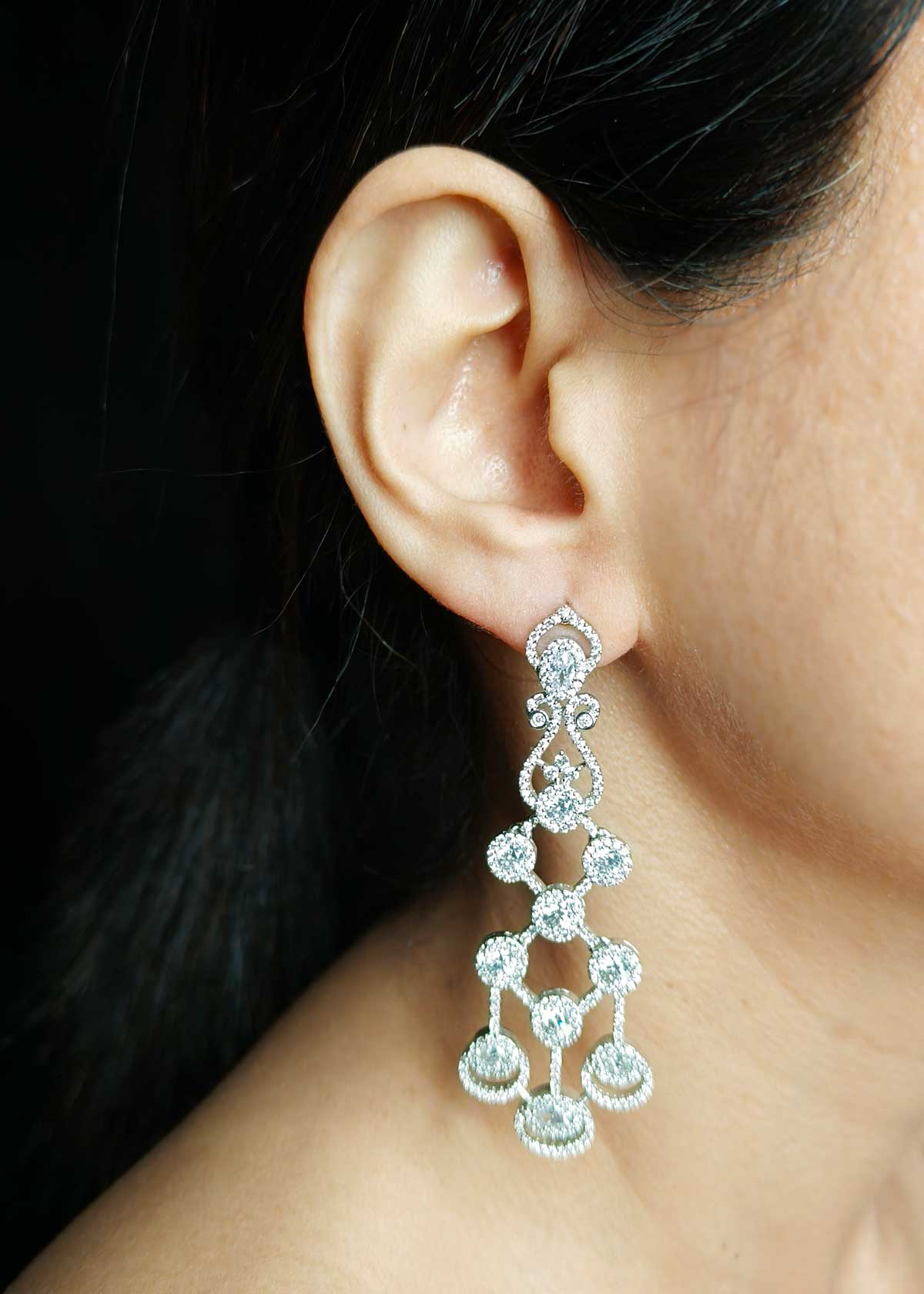 Silver Plated Cubic Zircon Chandelier Long Earrings