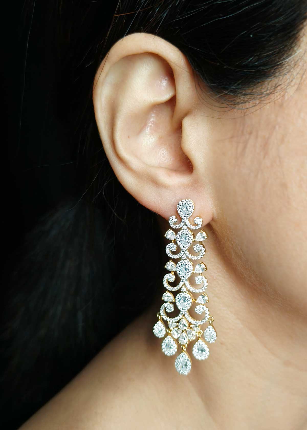 Sparkling Gold And Silver Plated Tear Drop Cubic Zircon Long Earrings