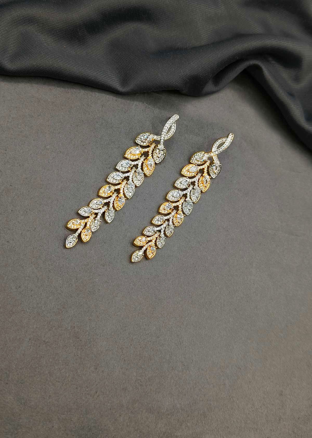 Two Tone Marquise And Cubic Zircon Leaf Design Earrings