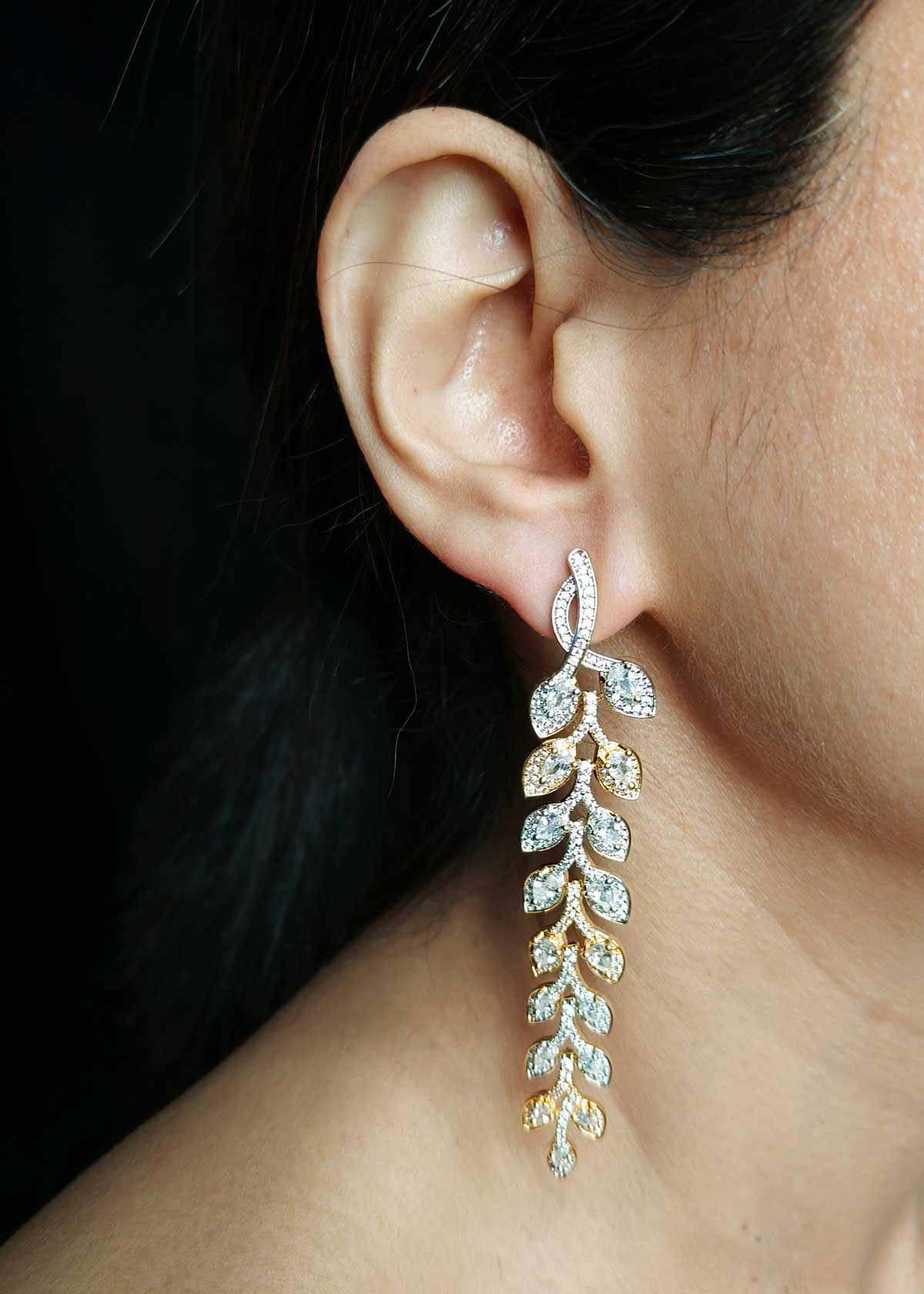 Two Tone Marquise And Cubic Zircon Leaf Design Earrings
