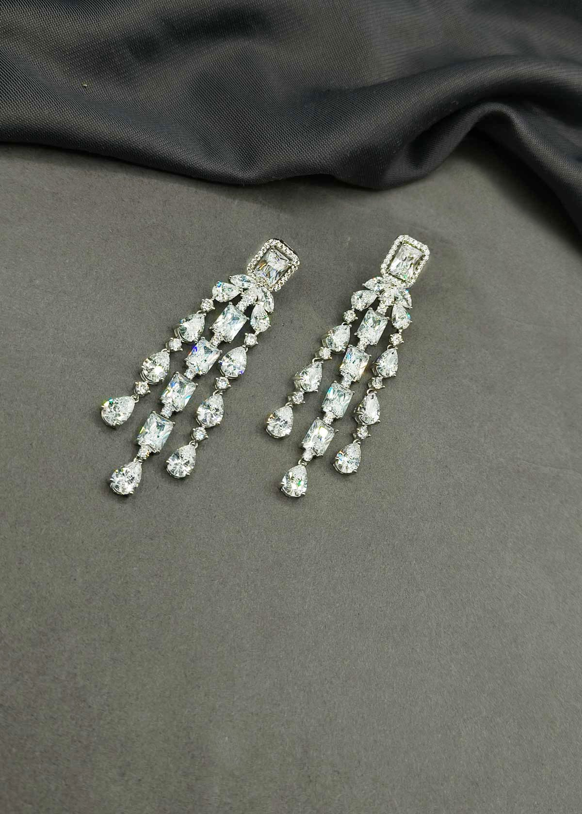 Triple Strand Silver Plated Multi Cut Diamond Long Earrings