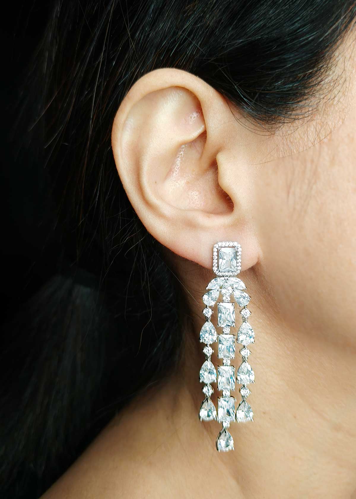 Triple Strand Silver Plated Multi Cut Diamond Long Earrings