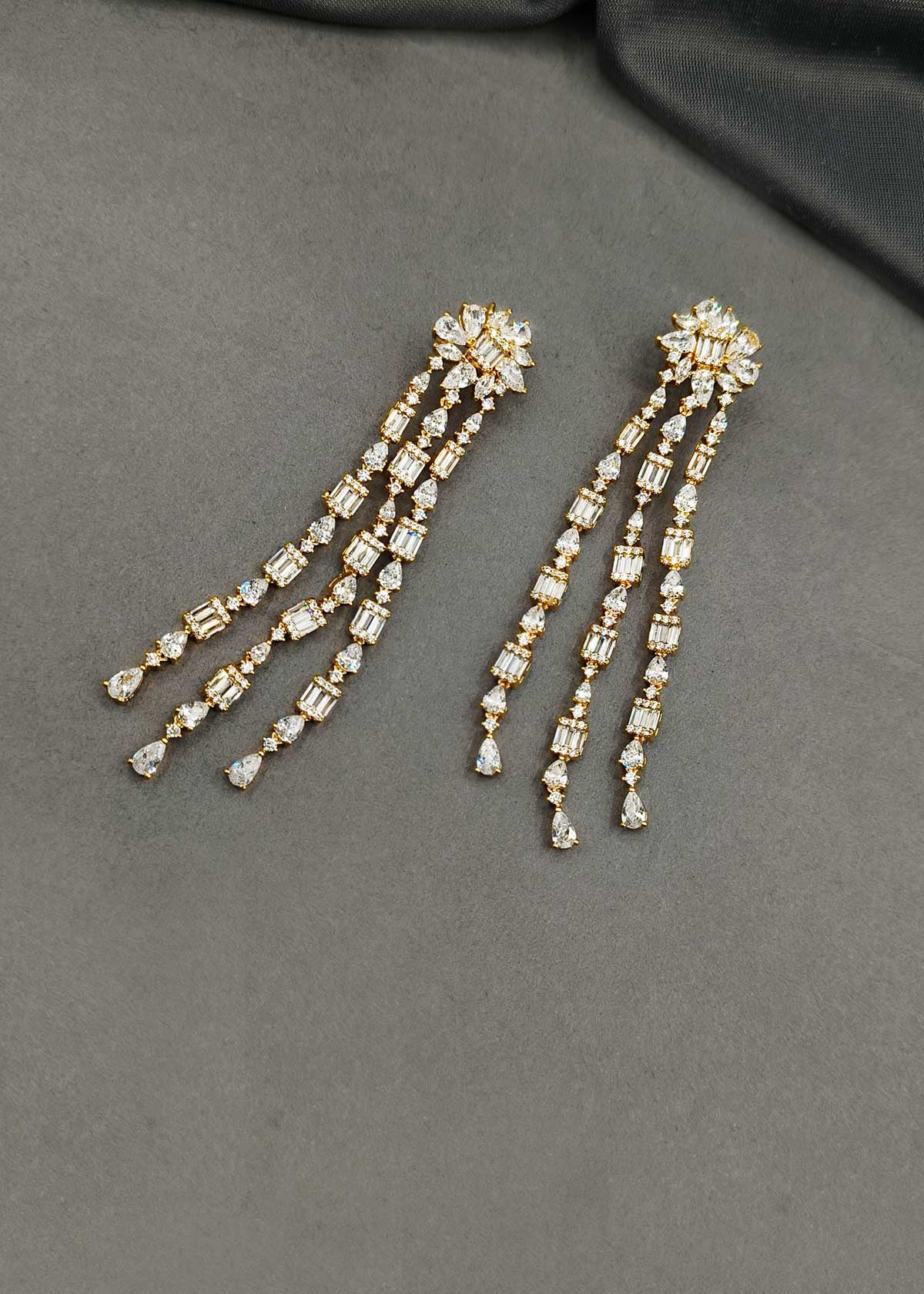 Glamorous Gold Plated Marquise And Cubic Zircon Triple Drop Statement Long Earrings