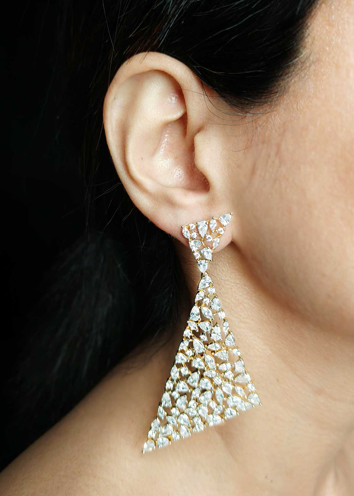 Geometric Dual Tone Marquise Diamond Cubic Zircon Triangle Statement Long Earrings