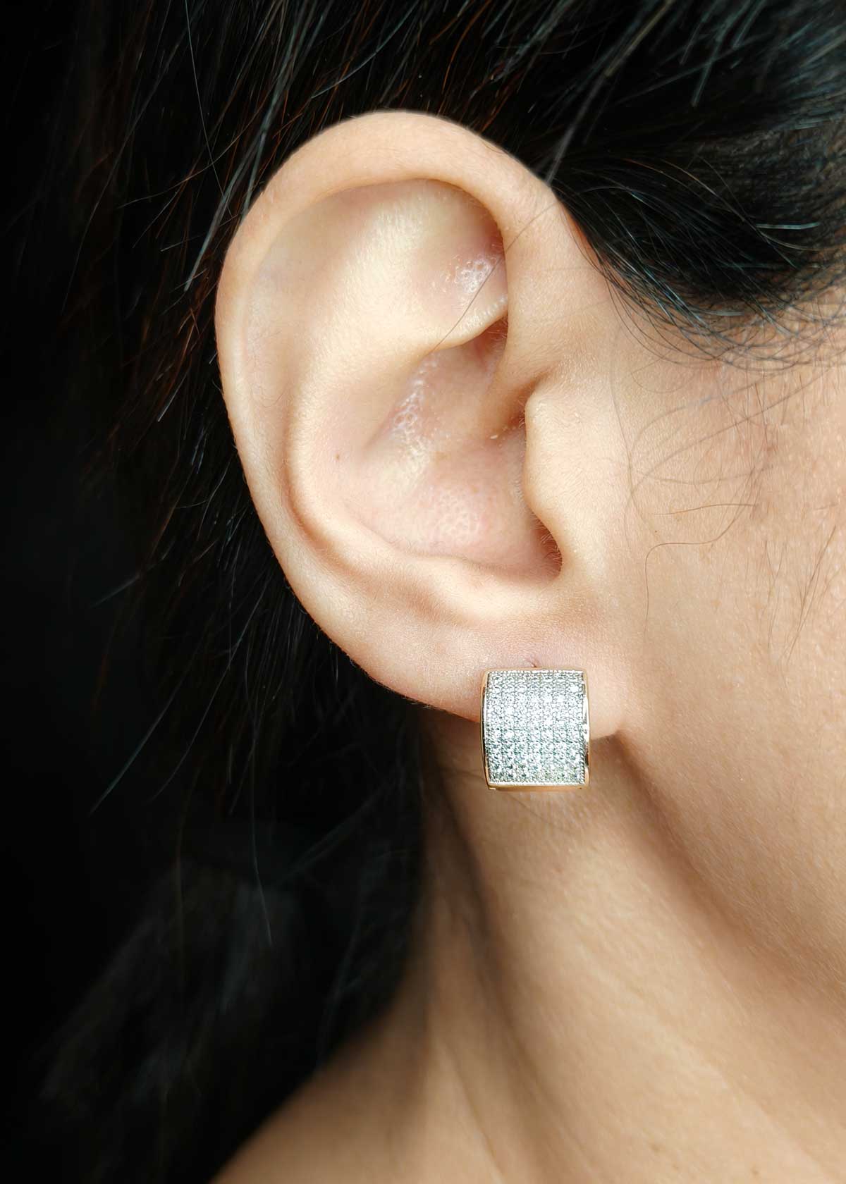 Dual Tone Cubic Zircon Pave Set Rectangular Small Bali Earrings For Women