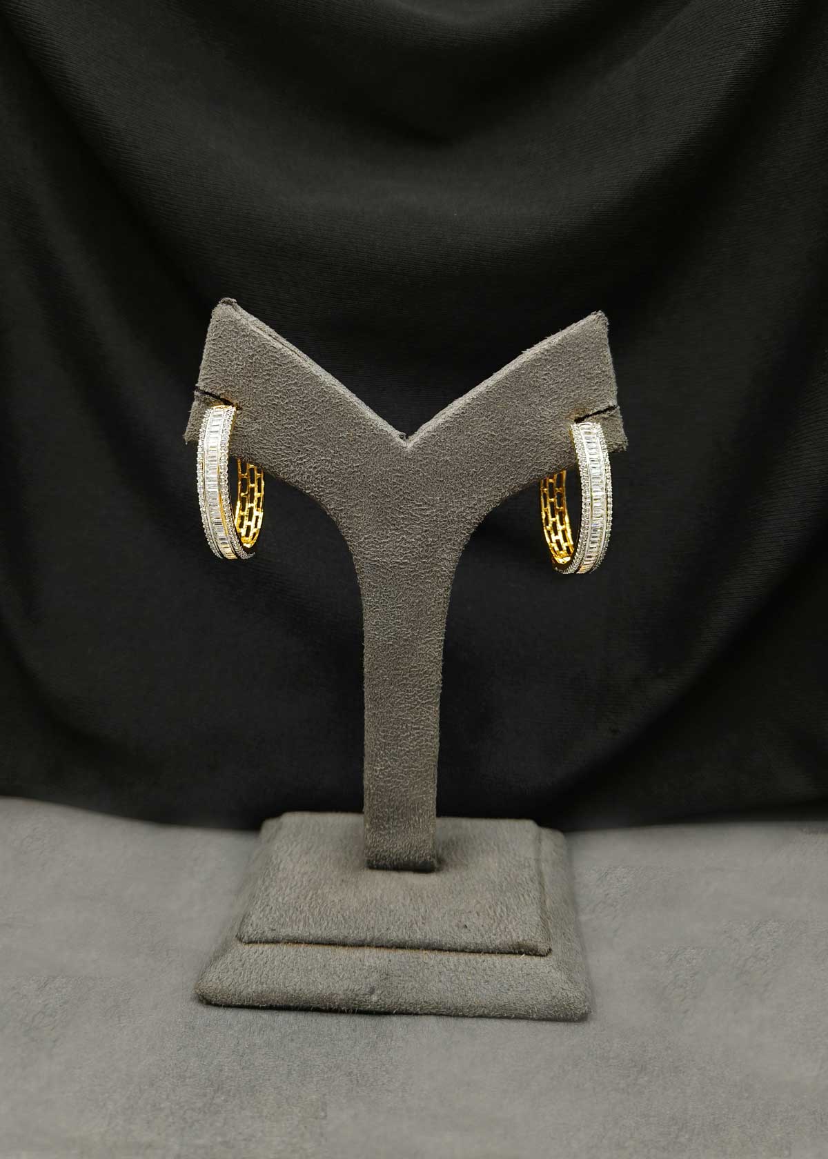 Premium Dual Tone Baguette Diamond Bali Hoop Earrings For Women