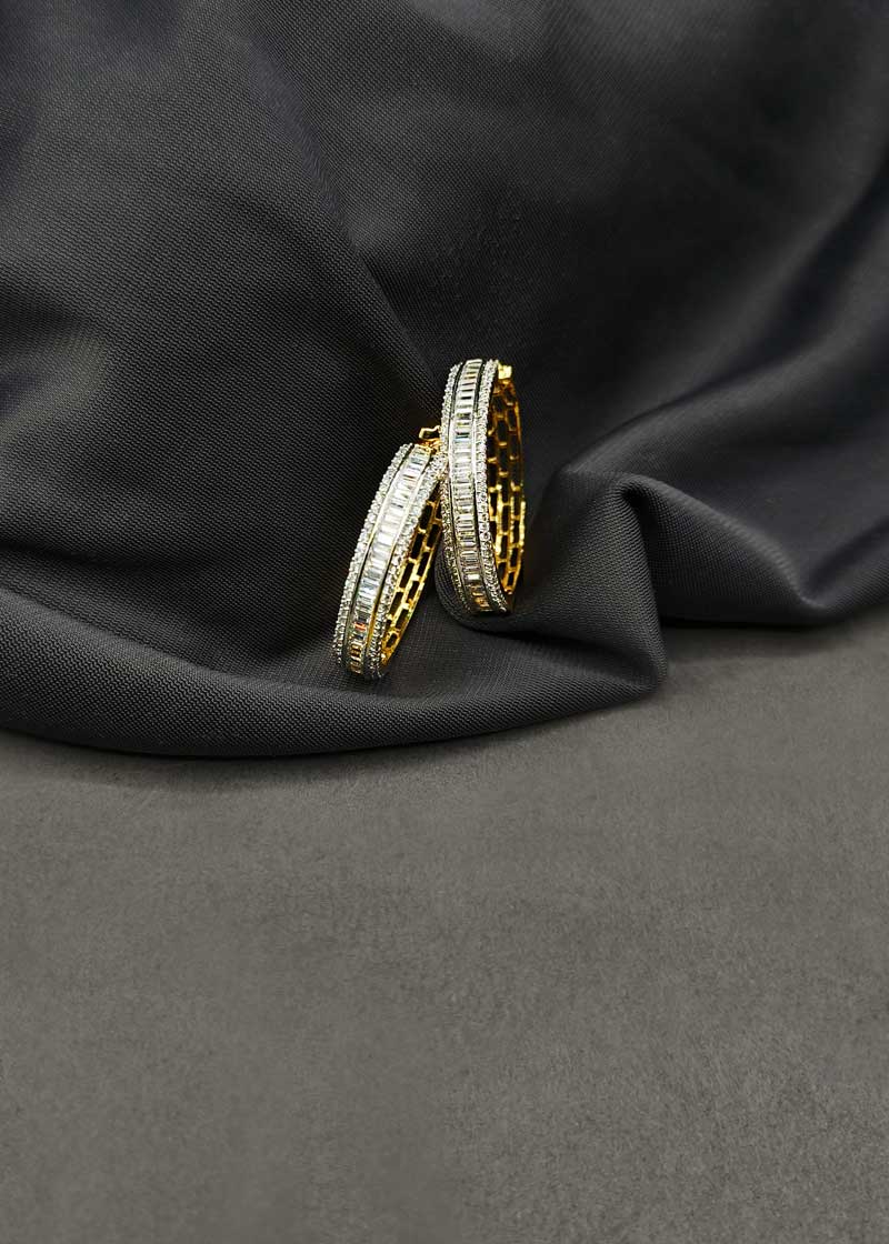 Premium Dual Tone Baguette Diamond Bali Hoop Earrings For Women