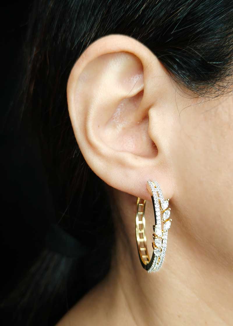 Floral Inspired Marquise Cubic Zircon Two Tone Bali Hoop Earrings For Women