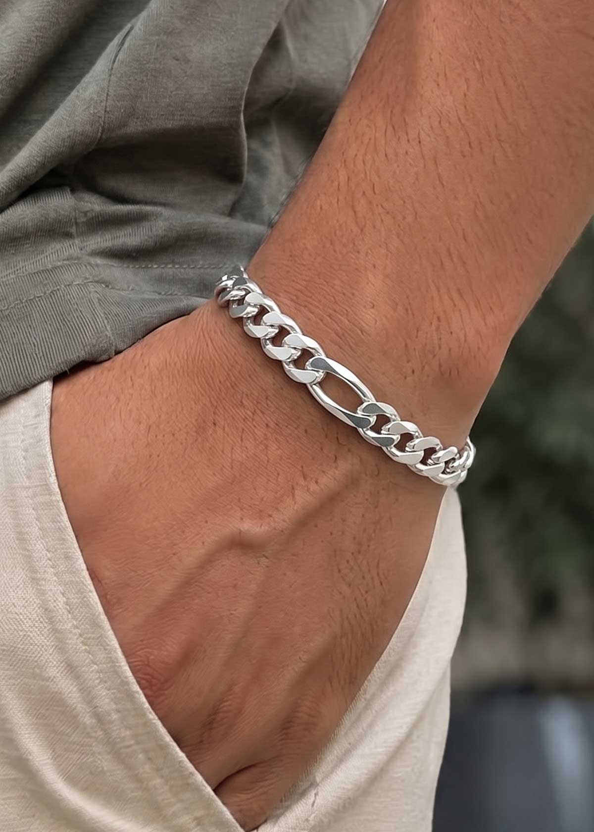 92.5 Sterling Silver Solid Bold Figaro Link Chain Loose Bracelet For Men