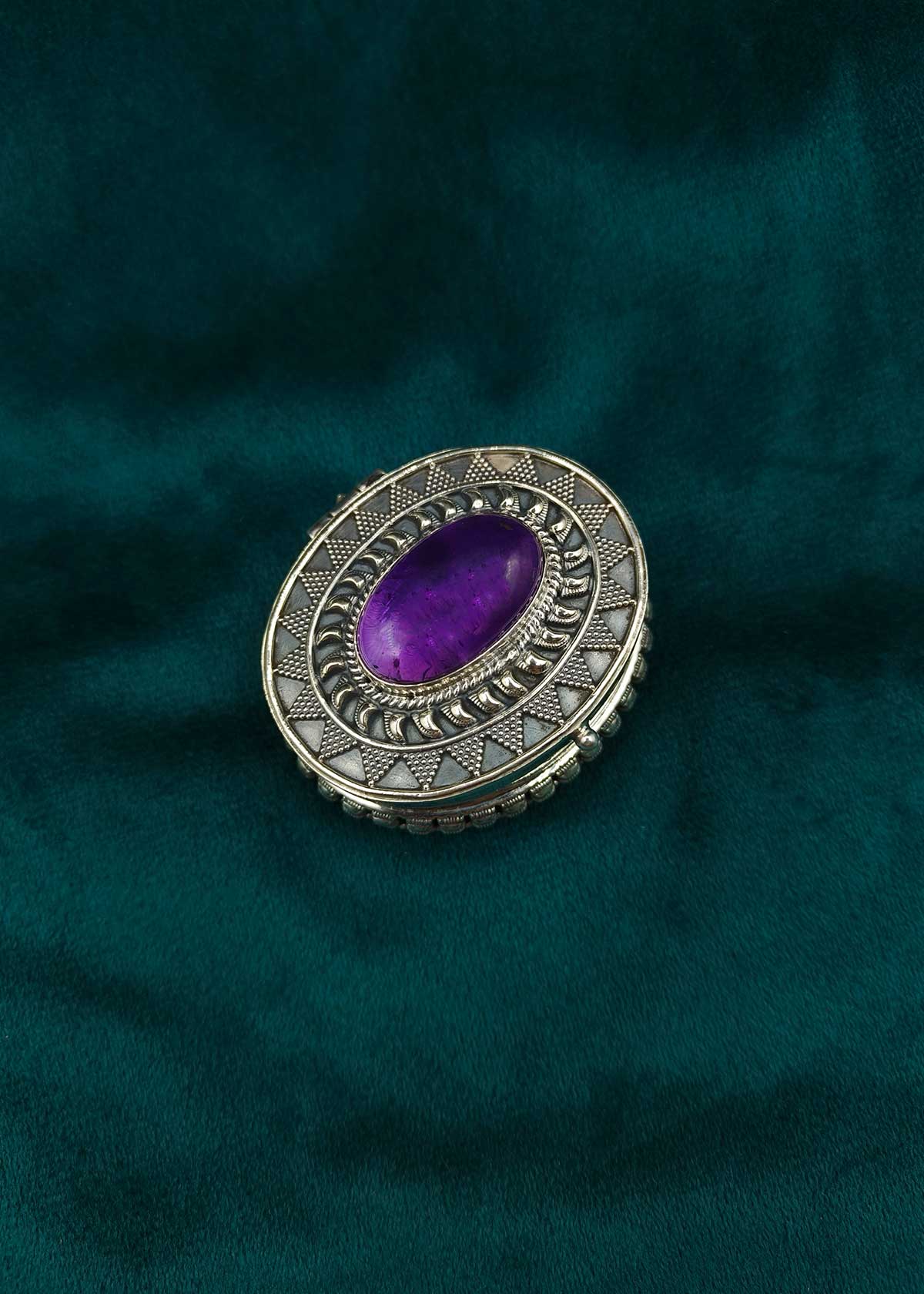 92.5 Sterling Silver Handcrafted Purple Stone Oval Sindoor / Kumkum Box