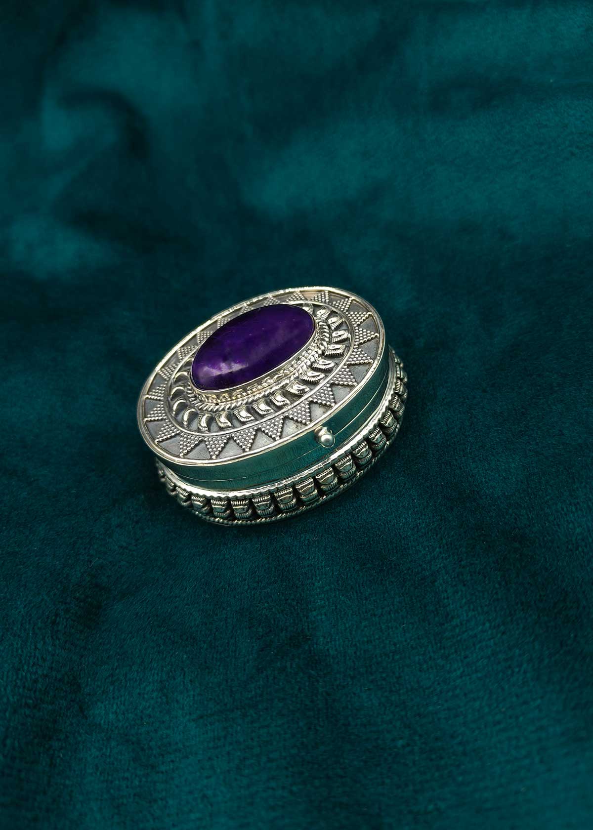 92.5 Sterling Silver Purple Stone Kumkum Box / Sindoor Box