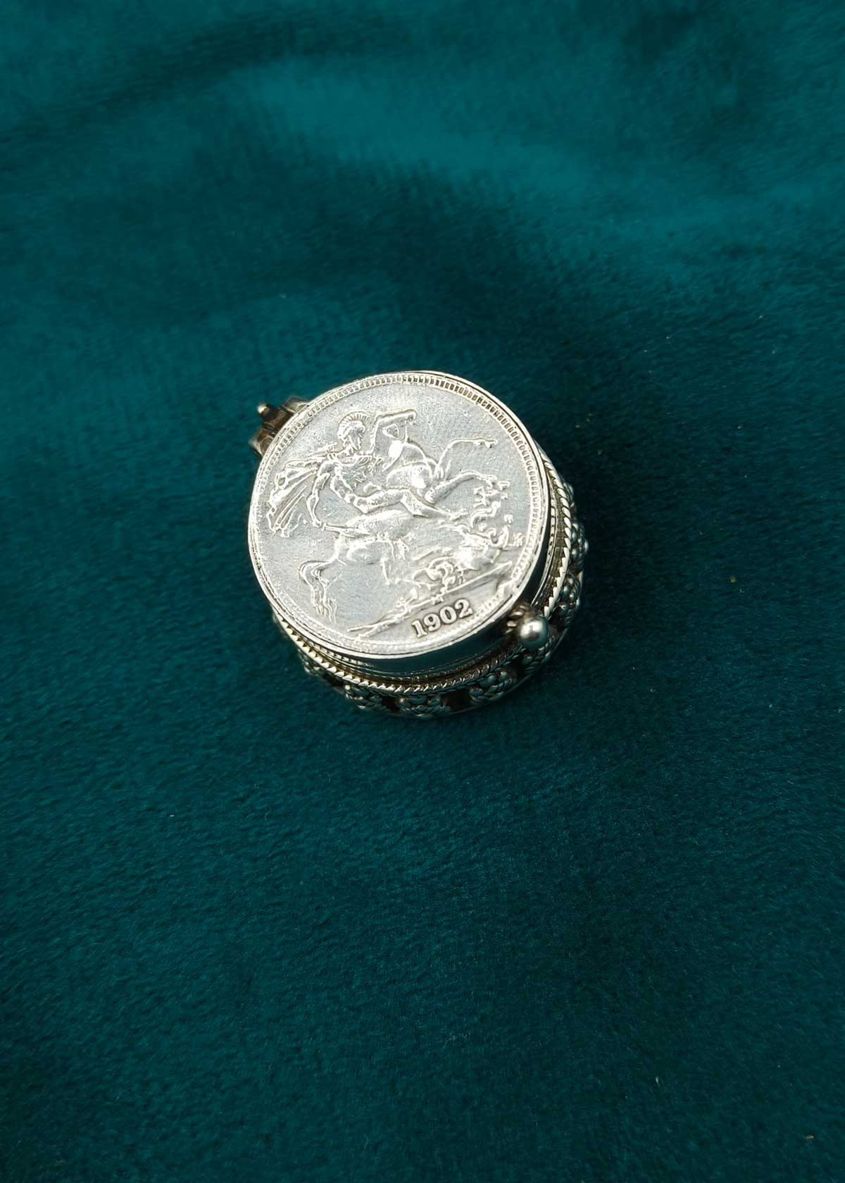 92.5 Sterling Silver Antique Style Kumkum Box/ Sindoor Box With 1902 Coin Motif