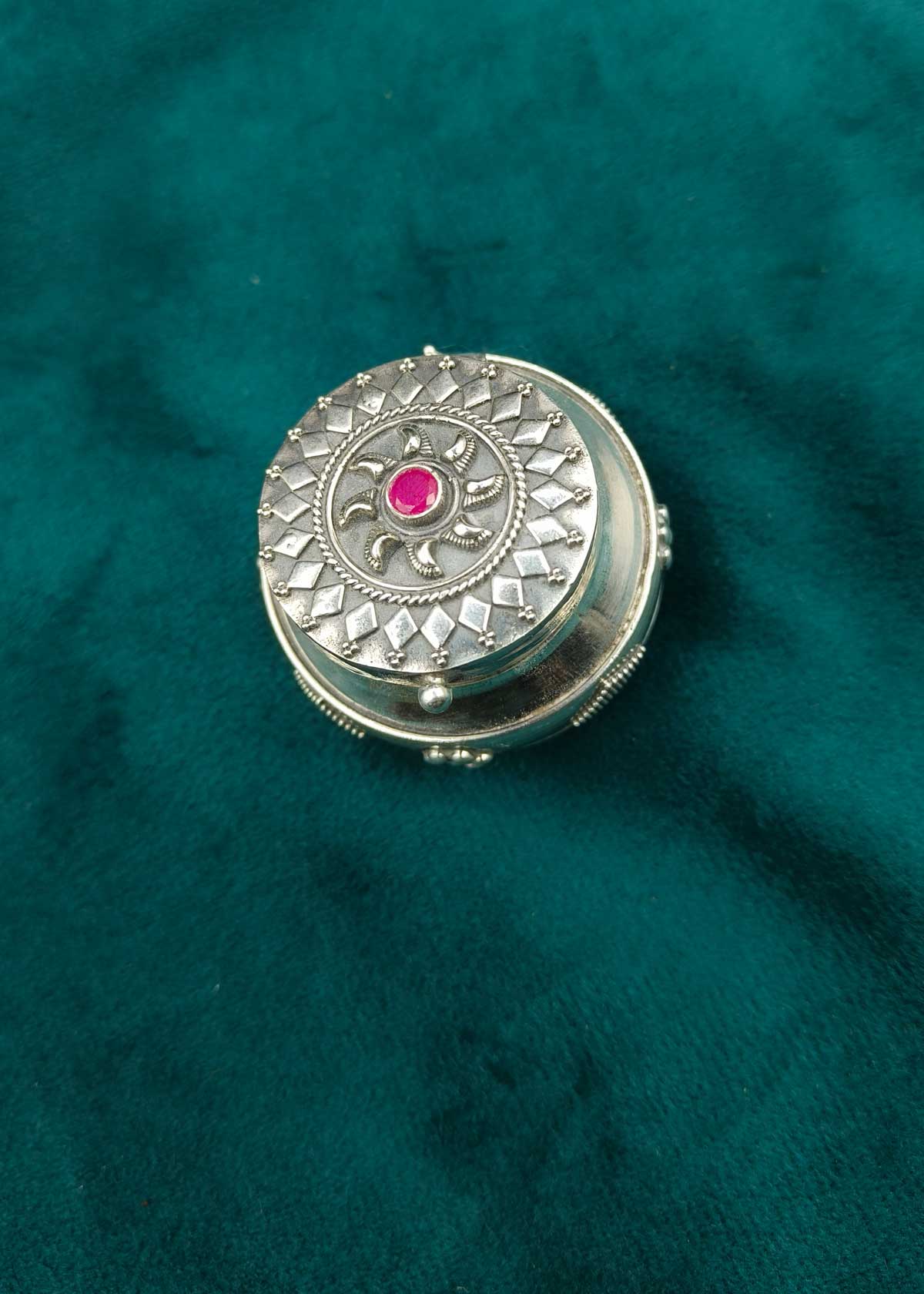 92.5 Sterling Silver Kumkum Box/ Kumkum Box With Sun Motif Design