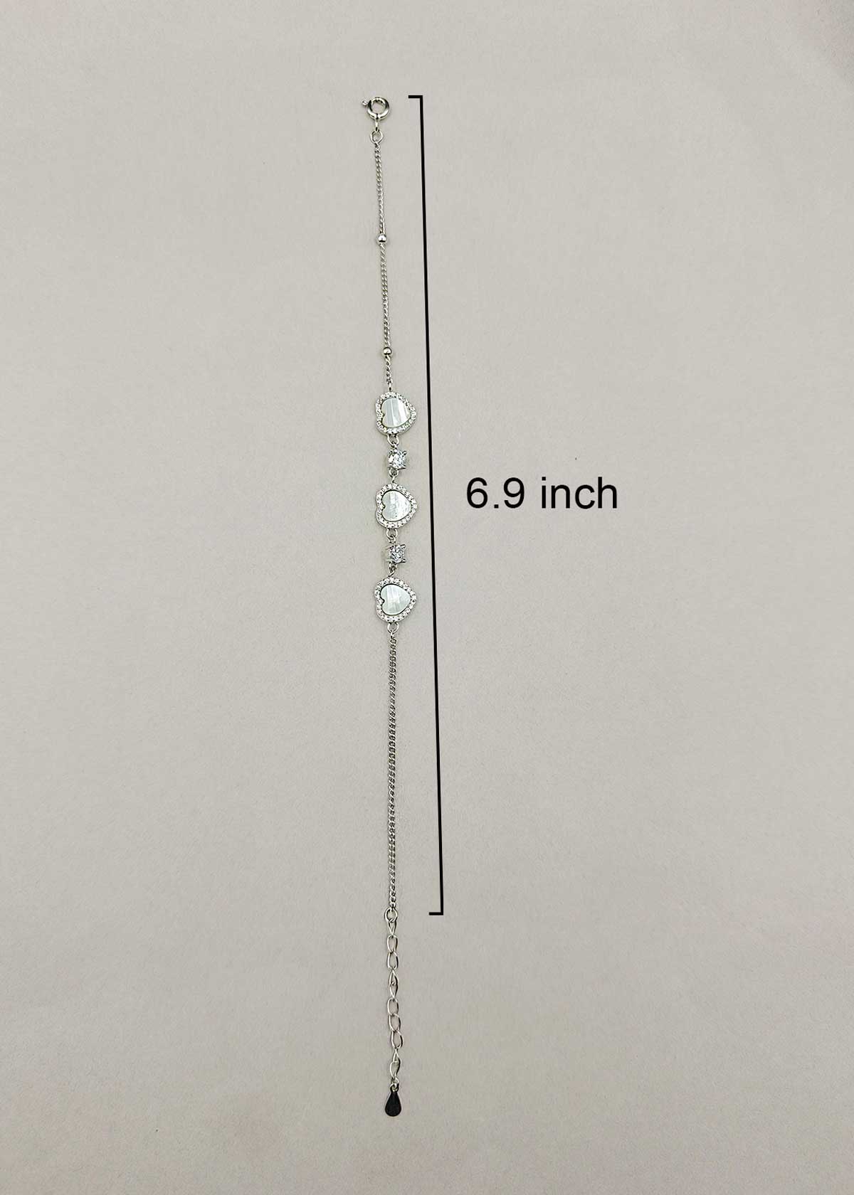 92.5 Sterling Silver Heart Mother Of Pearl And Cubic Zircon Link Loose Bracelet