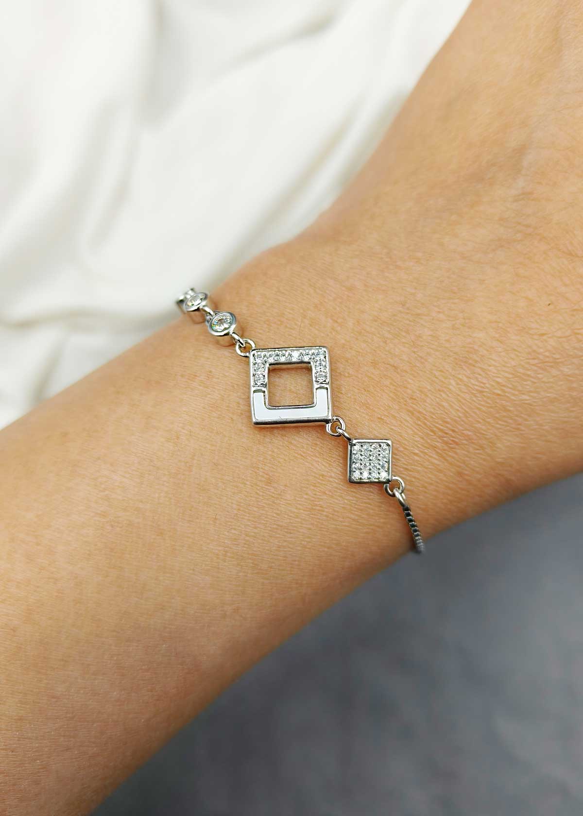 92.5 Sterling Silver Geometric Mother Of Pearl And Cubic Zircon Loose Bracelet For Women