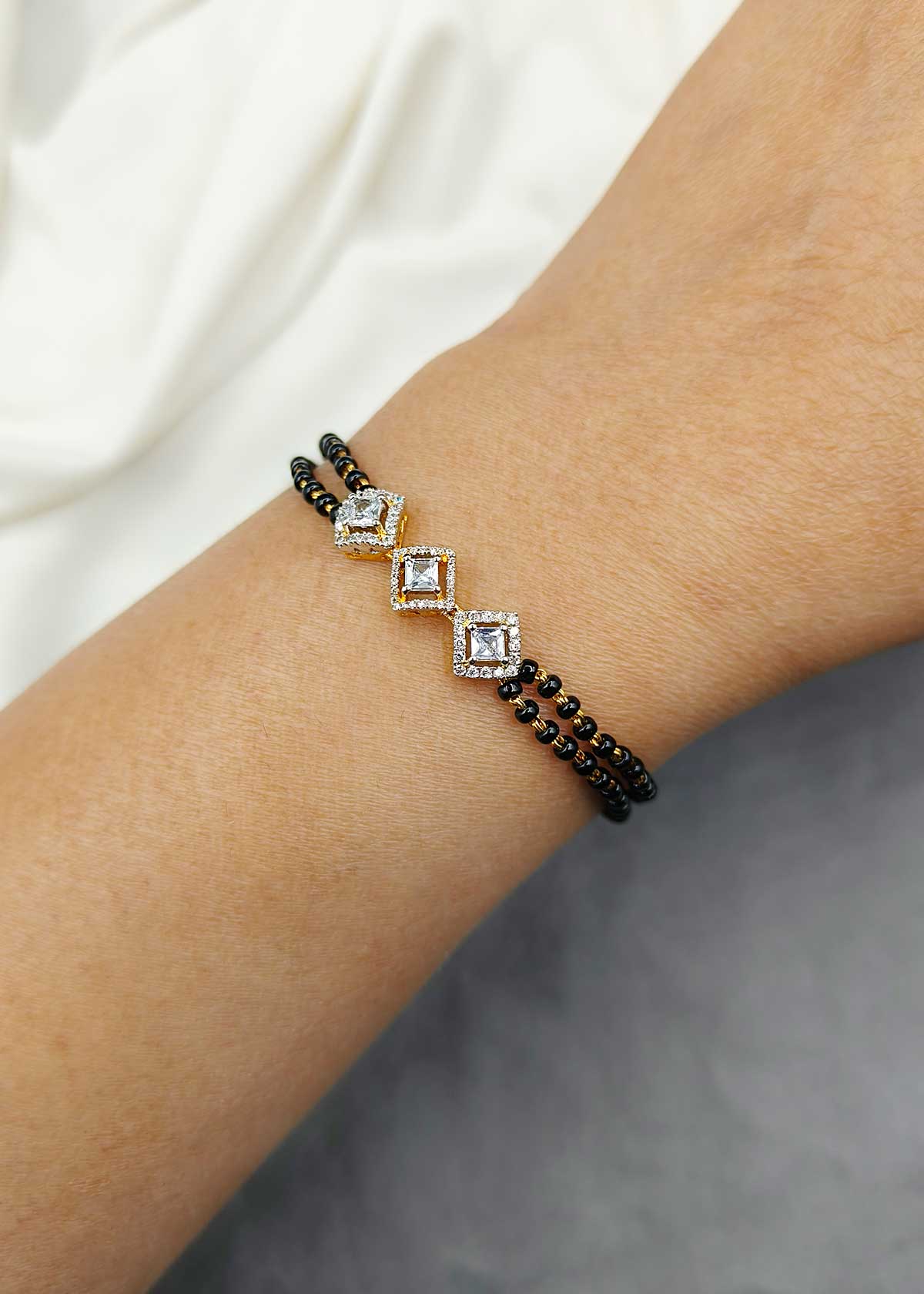 92.5 Sterling Silver Dual Tone Square Trio Design Cubic Zircon Mangalsutra Loose Bracelet