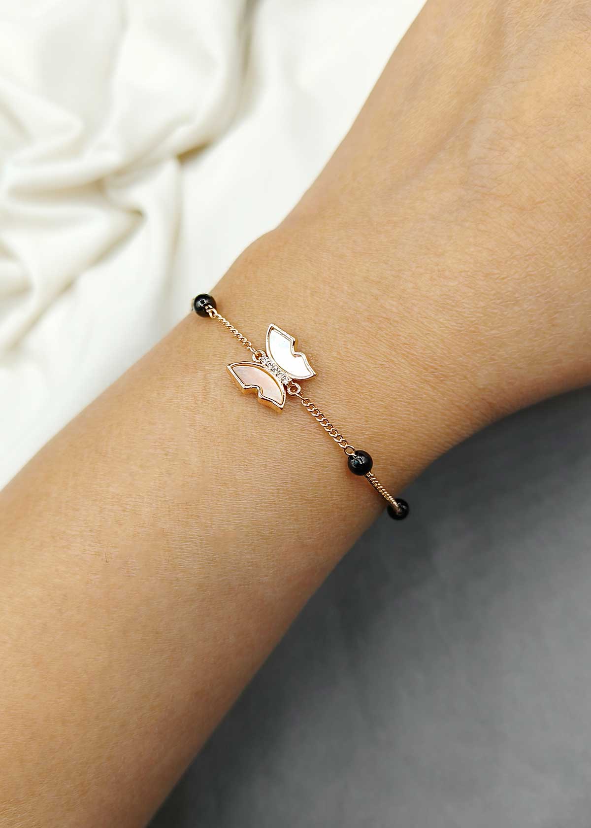 Delicate Butterfly Charm Rose Gold Plated Cubic Zircon Mangalsutra Loose Bracelet