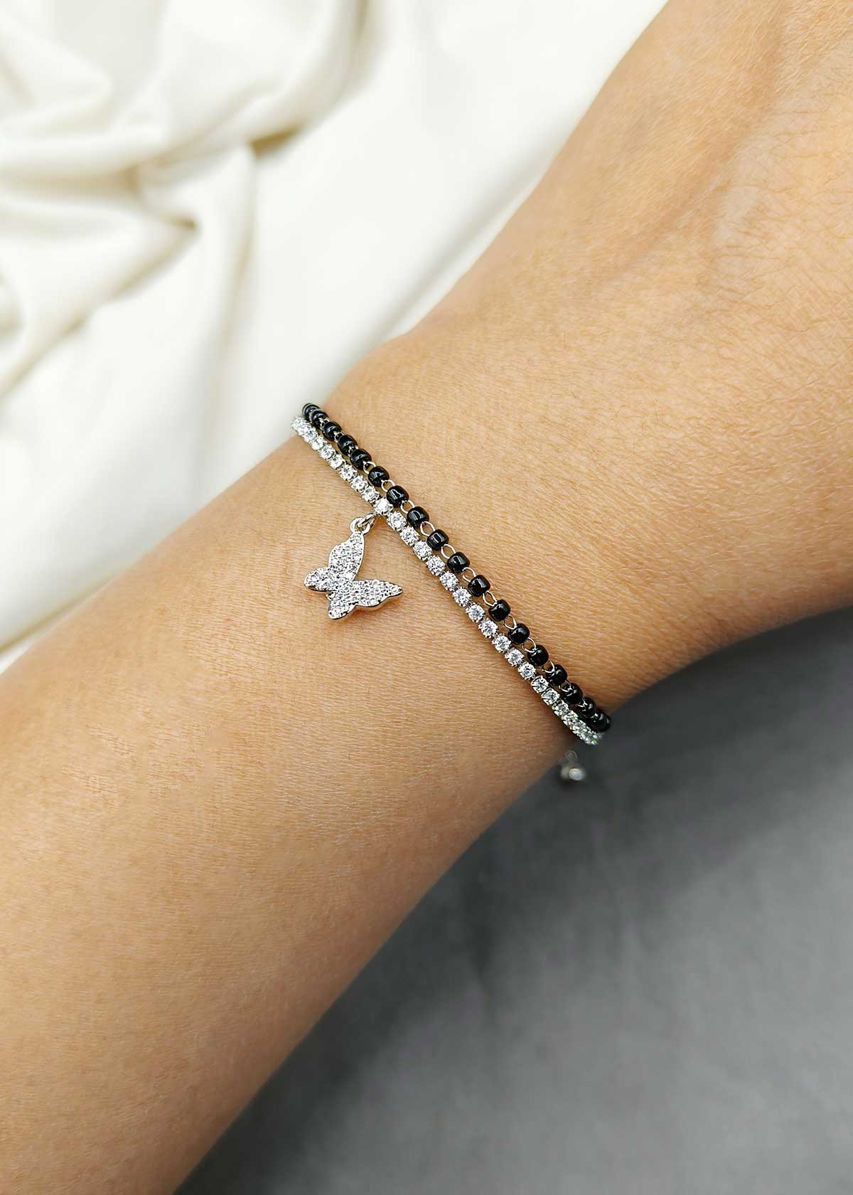 Silver Plated Double Layer Butterfly Charm Cubic Zircon Mangalsutra Loose Bracelet
