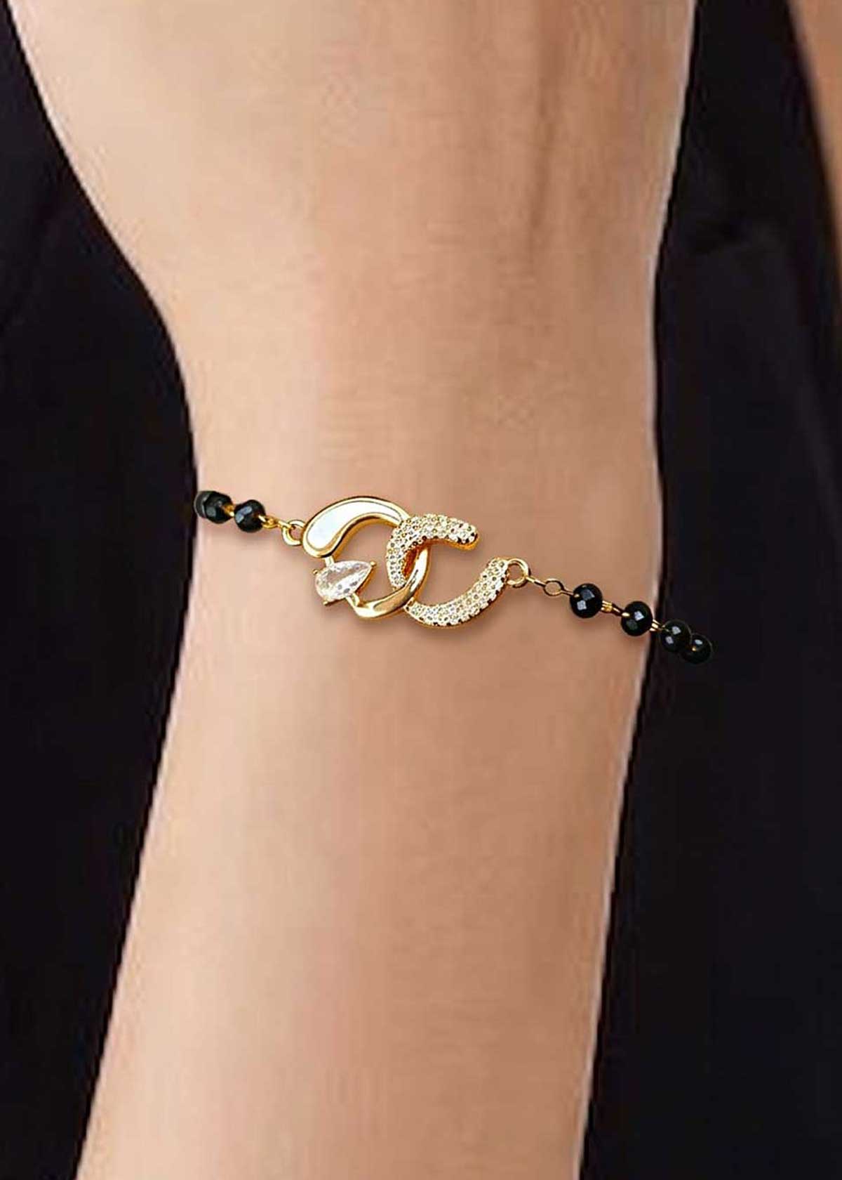Interlocking Cubic Zircon And Mother Of Pearl Three Tone Adjustable Mangalsutra Loose Bracelet For Women
