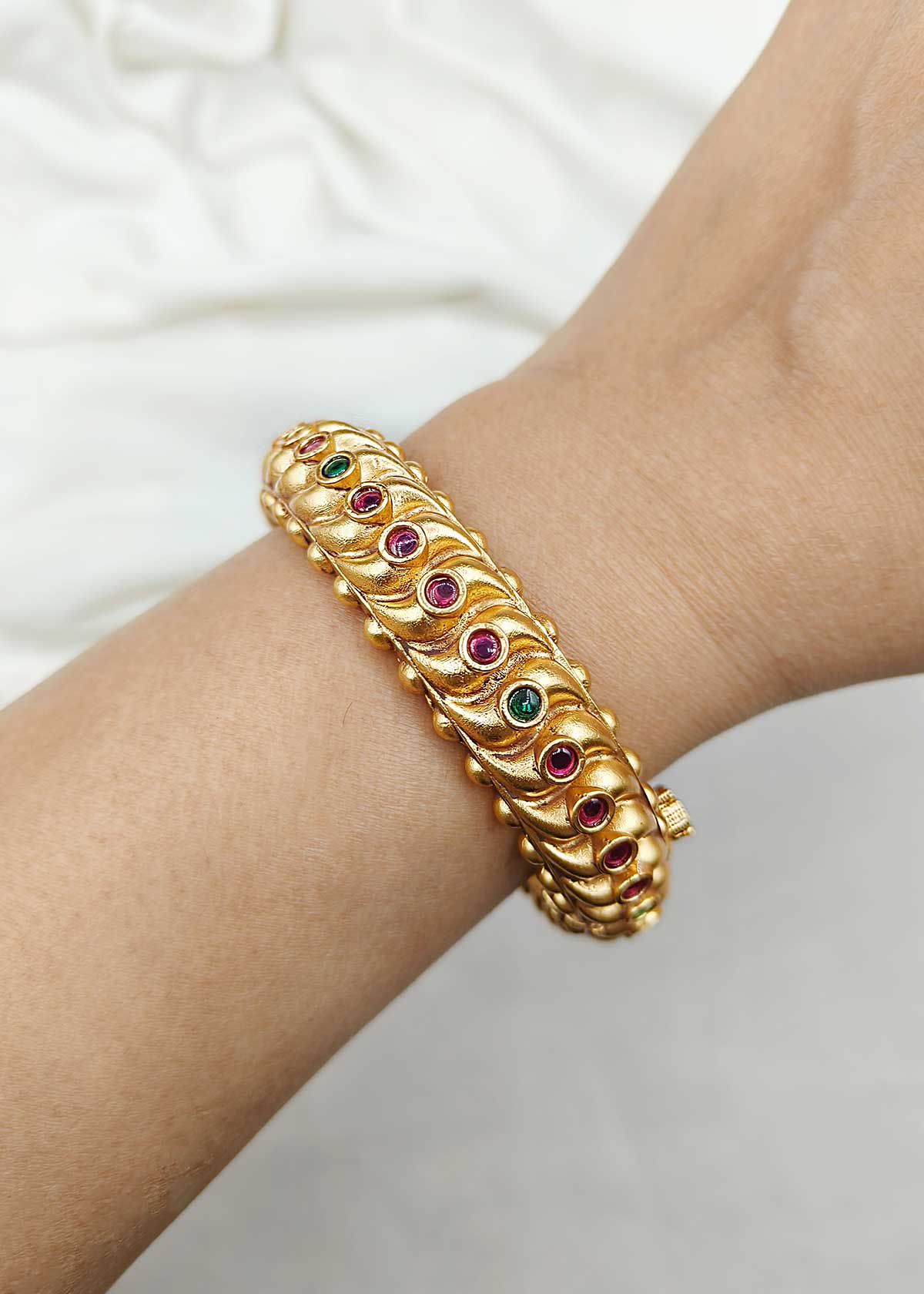Stone Studded Antique Gold Polished Openable Bangles (Pair)