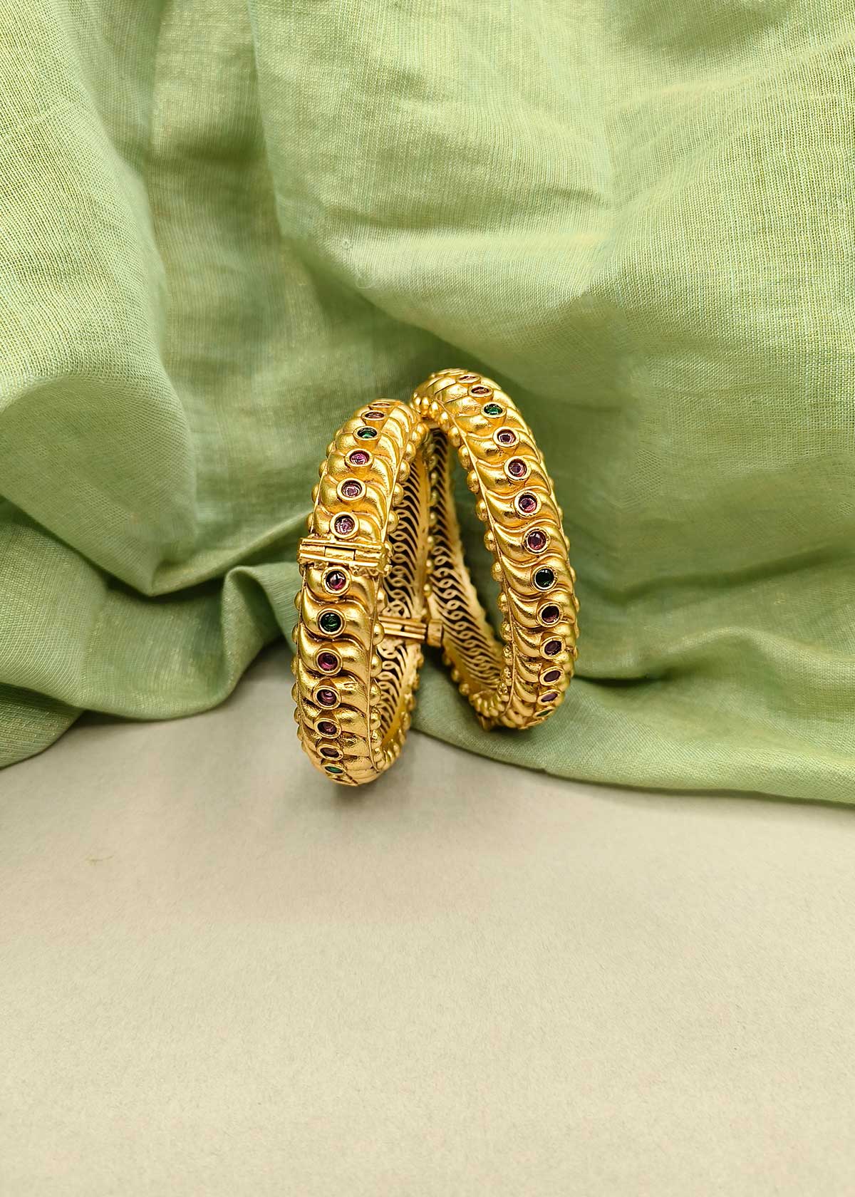 Stone Studded Antique Gold Polished Openable Bangles (Pair)