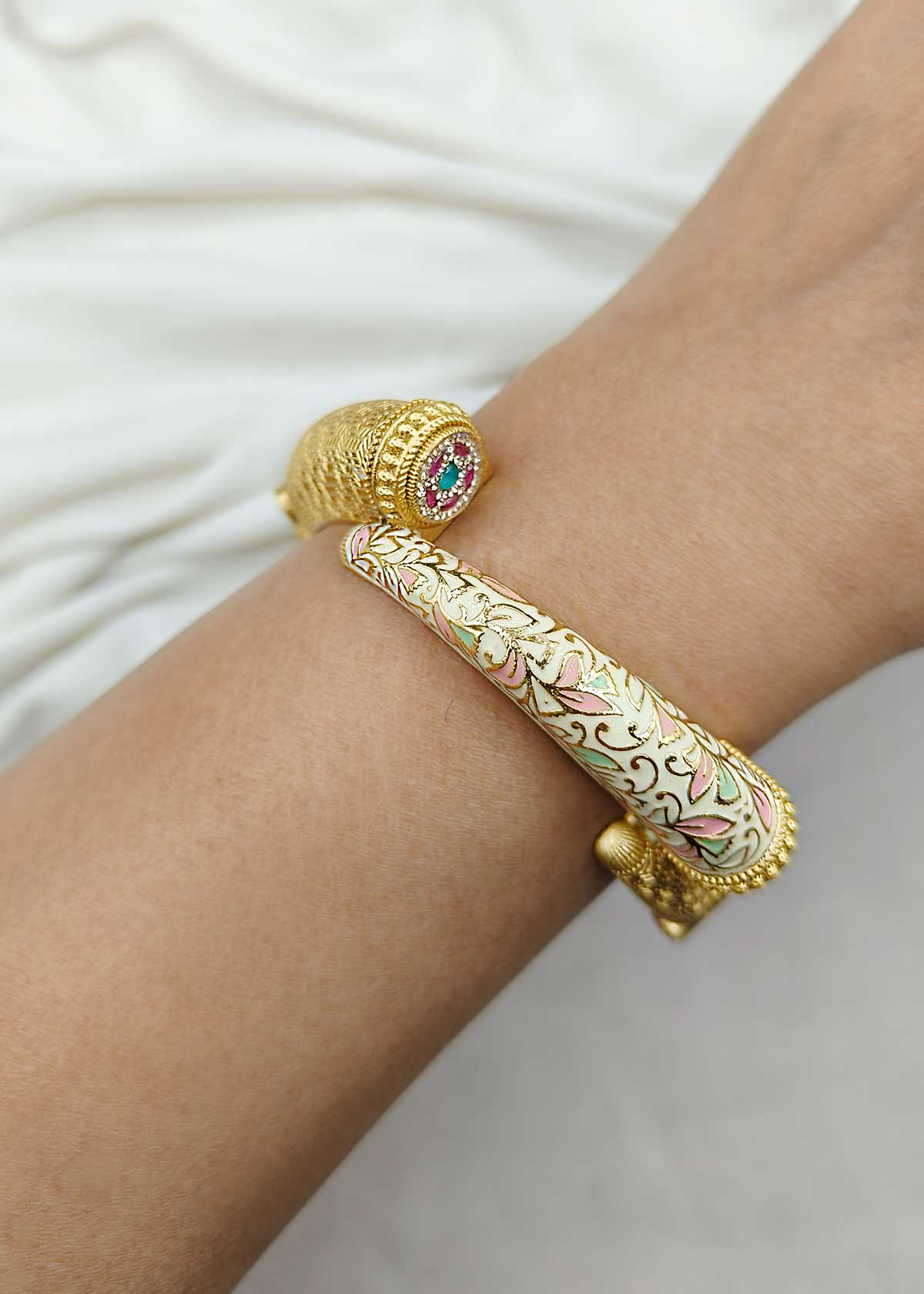 Designer Floral Meenakari And Cubic Zircon Antique Gold Openable Bangles (Pair)