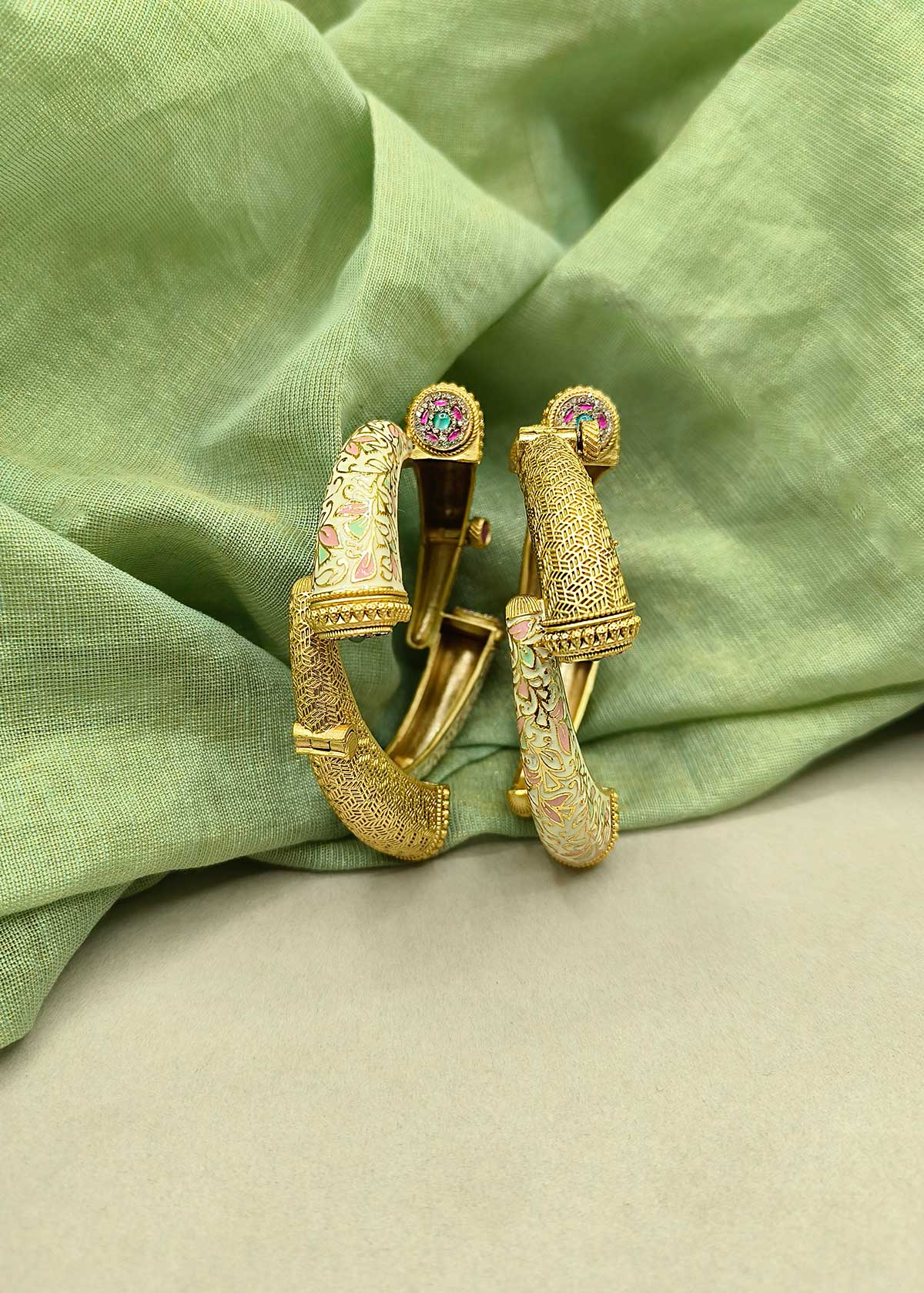 Designer Floral Meenakari And Cubic Zircon Antique Gold Openable Bangles (Pair)