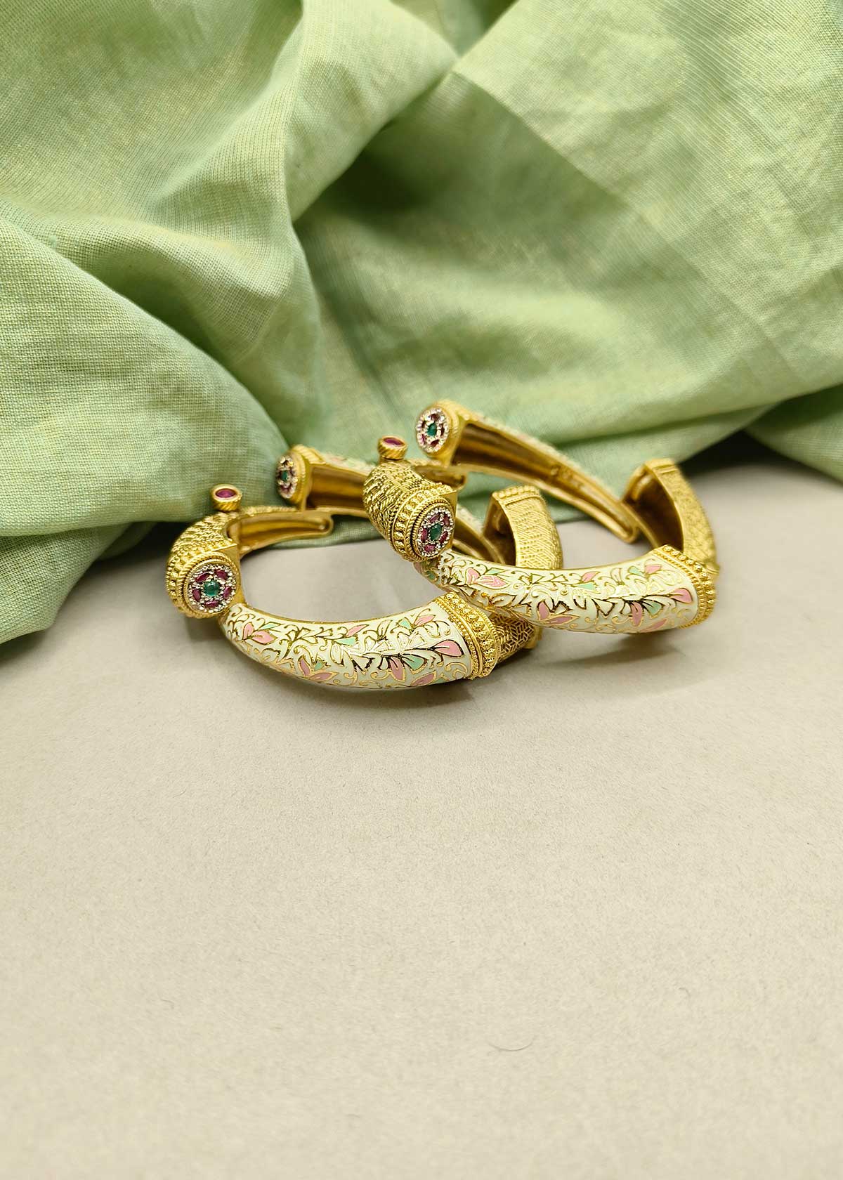 Designer Floral Meenakari And Cubic Zircon Antique Gold Openable Bangles (Pair)