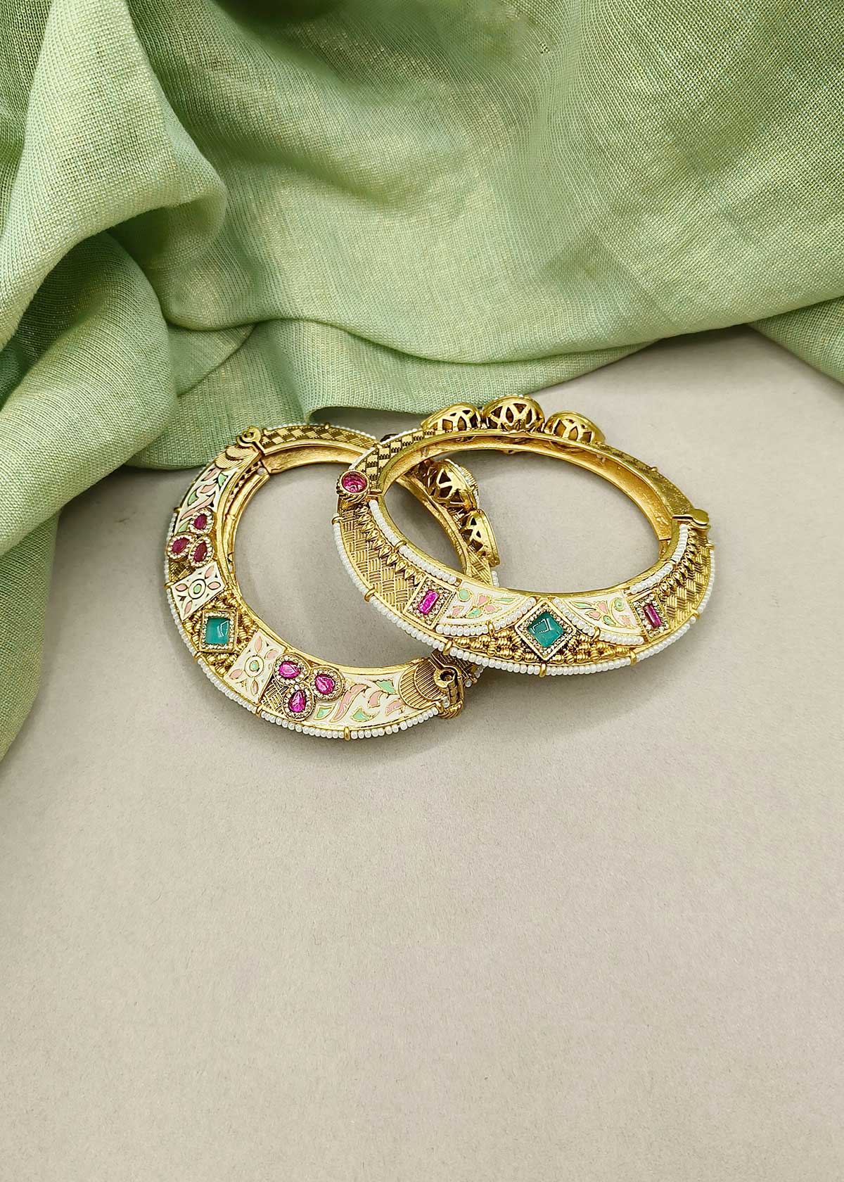 Handcrafted Meenakari Antique Gold Cubic Zircon And Pearl Openable Bangles (Pair)