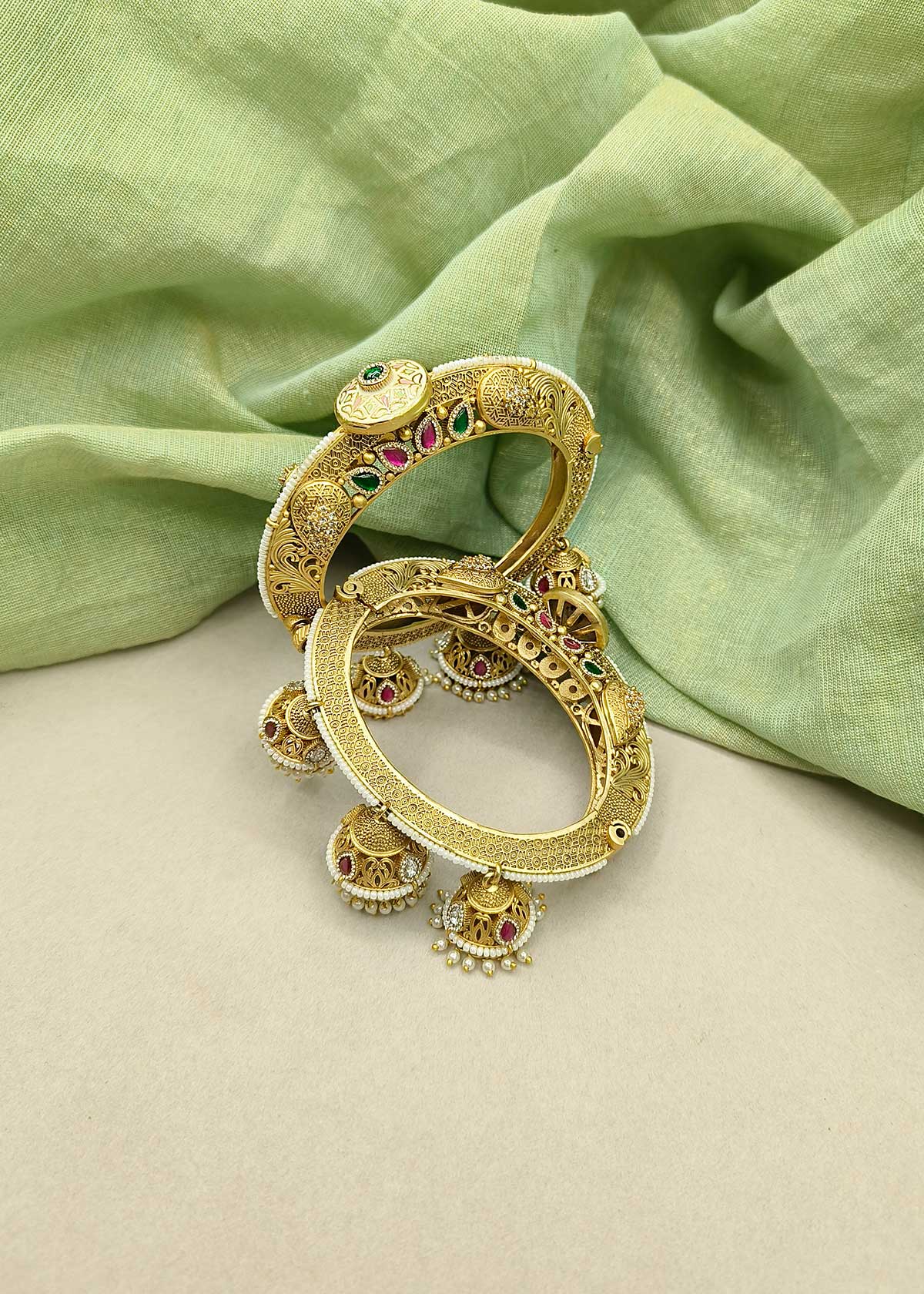 Antique Gold Plated Meenakari Cubic Zircon Openable Bangles With Pearl Jhumka Drops (Pair)