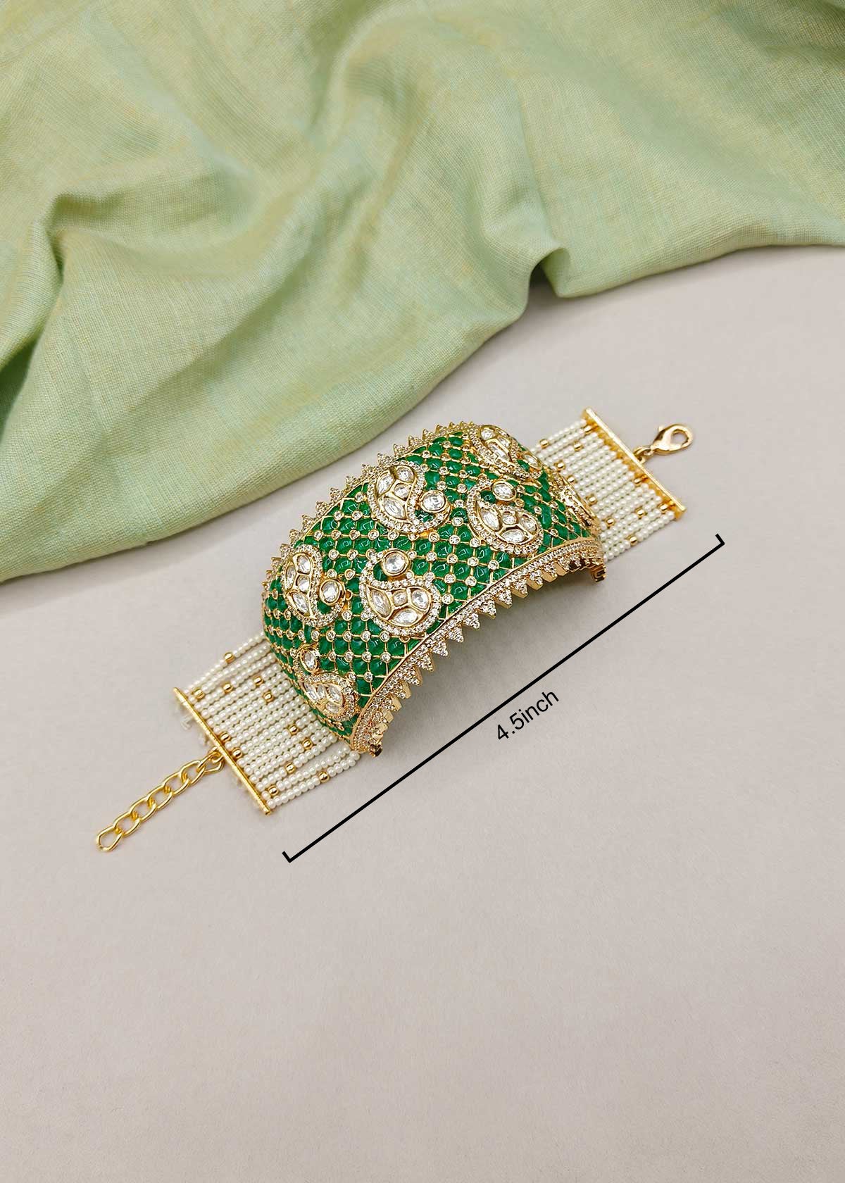 Gold Plated Kundan And Cubic Zircon Broad Adjustable Bracelet With Pearl Strands