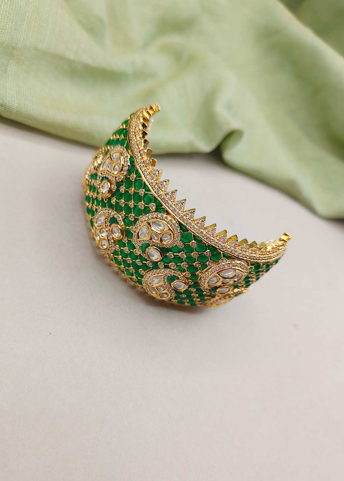 Gold Plated Kundan And Cubic Zircon Broad Adjustable Bracelet With Pearl Strands