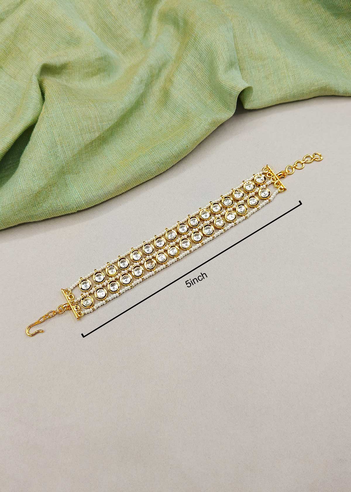 Gold Plated Adjustable Kundan Bracelet With 3 Row Pearl Borders
