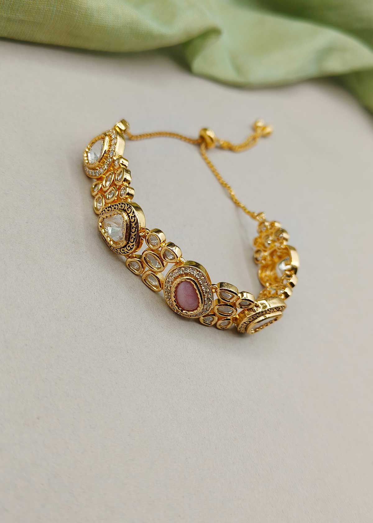 Elegant Kundan And Cubic Zircon Gold Plated Adjustable Slider Bracelet