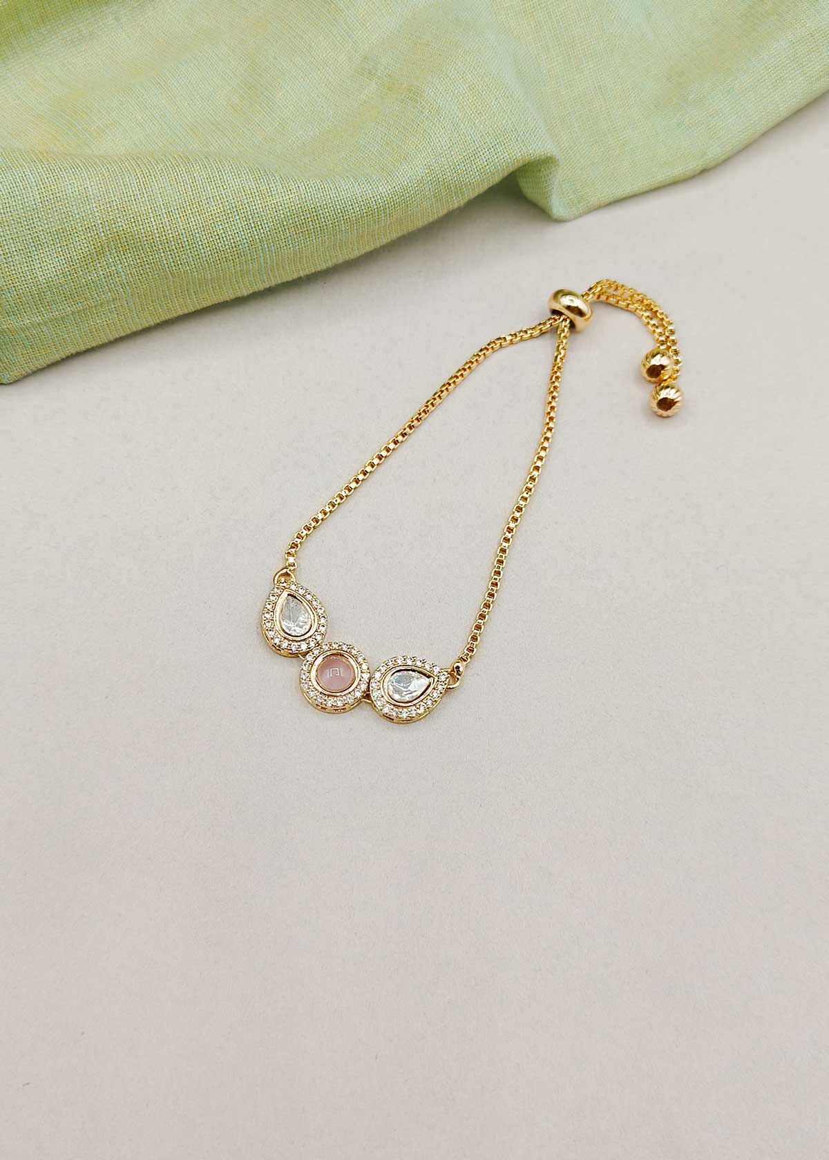 Sleek Trio Colorful Stone Kundan And Cubic Zircon Gold Polished Adjustable Slider Bracelet