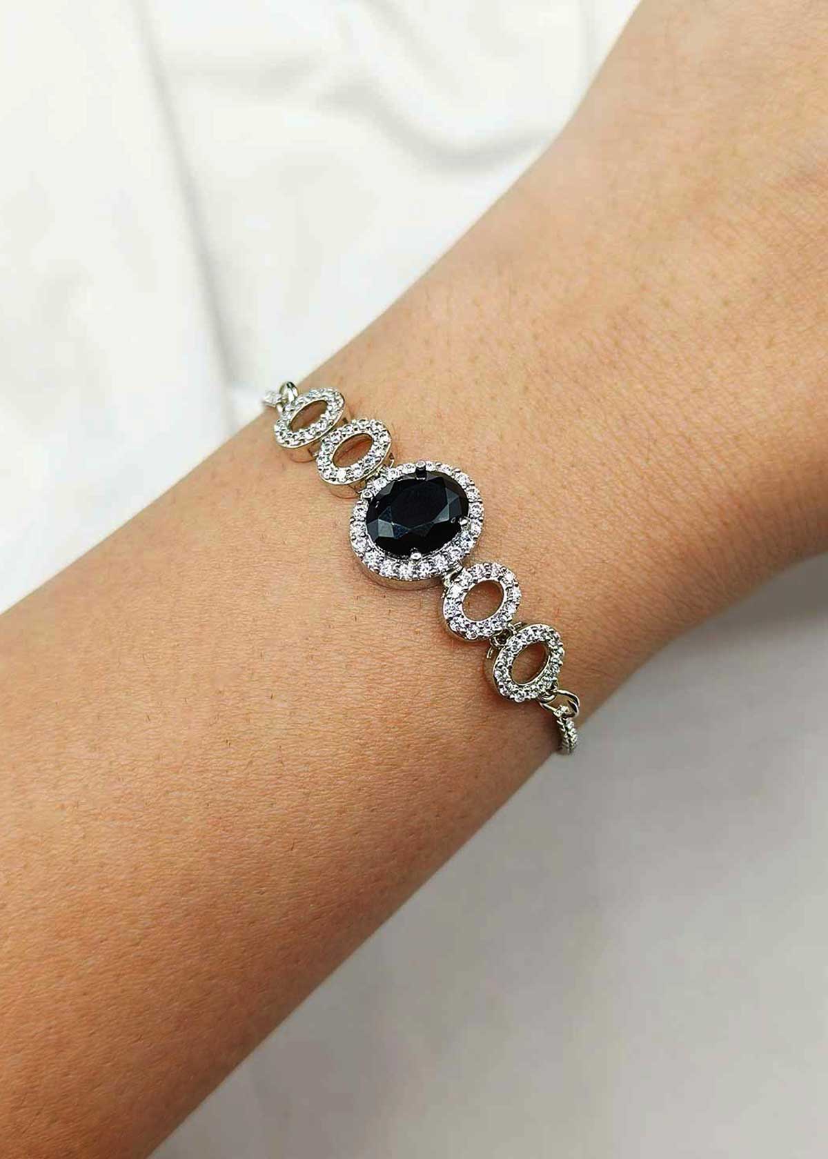 Black Onyx Stone And Cubic Zircon Silver Plated Adjustable Slider Loose Bracelet