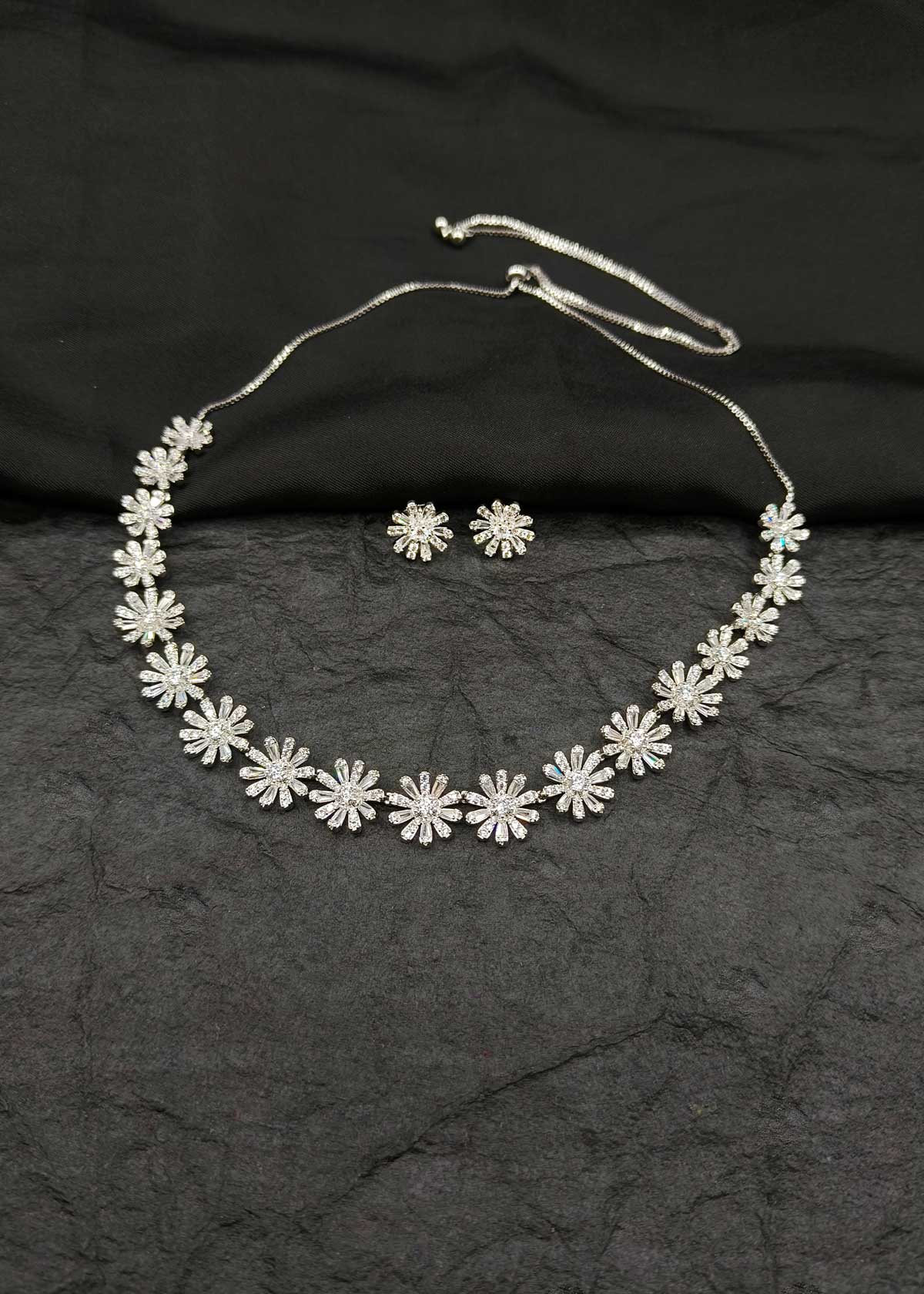 Floral Elegance Silver Plated Cubic Zircon Adjustable Short Necklace Set For Women