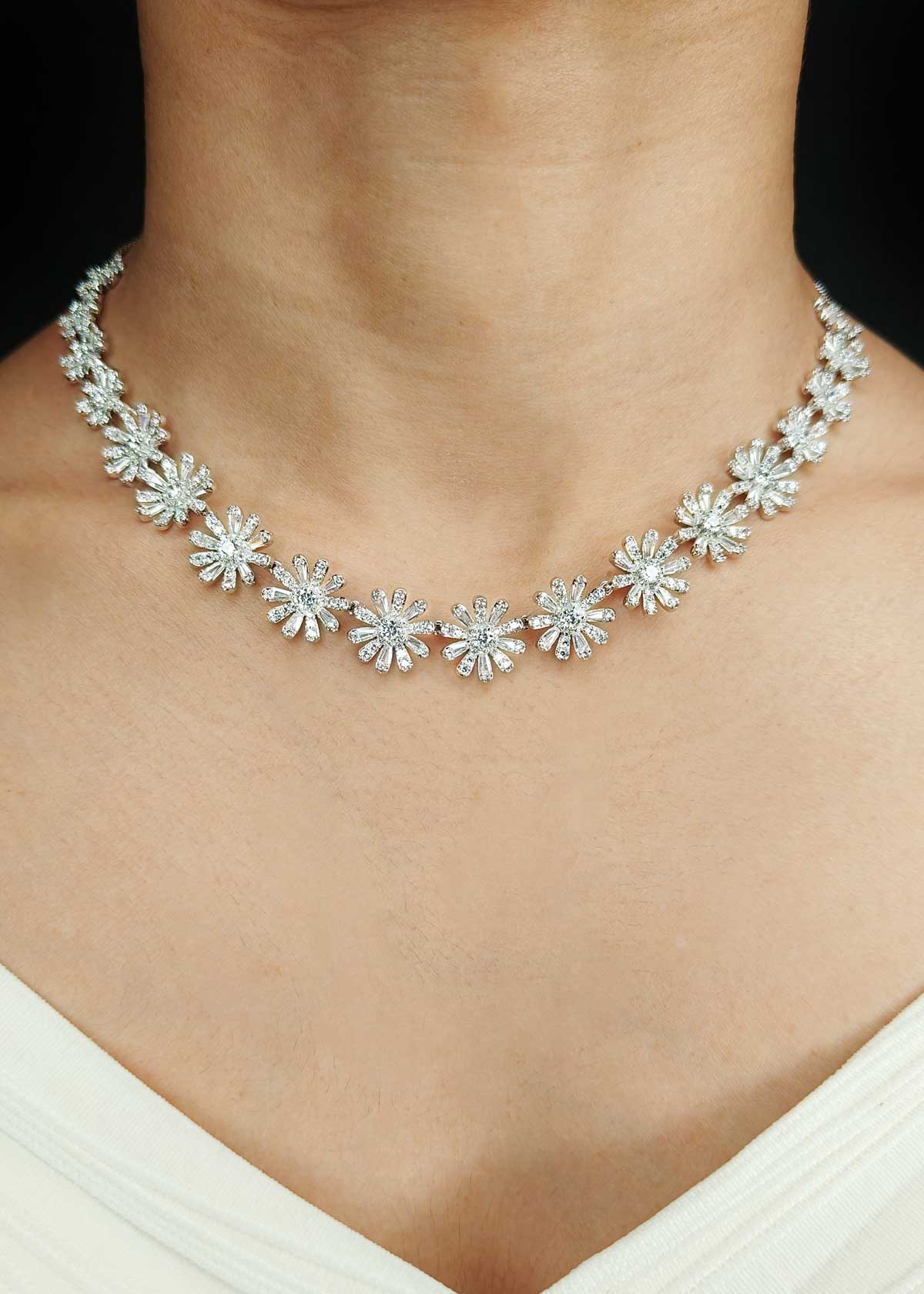 Floral Elegance Silver Plated Cubic Zircon Adjustable Short Necklace Set For Women