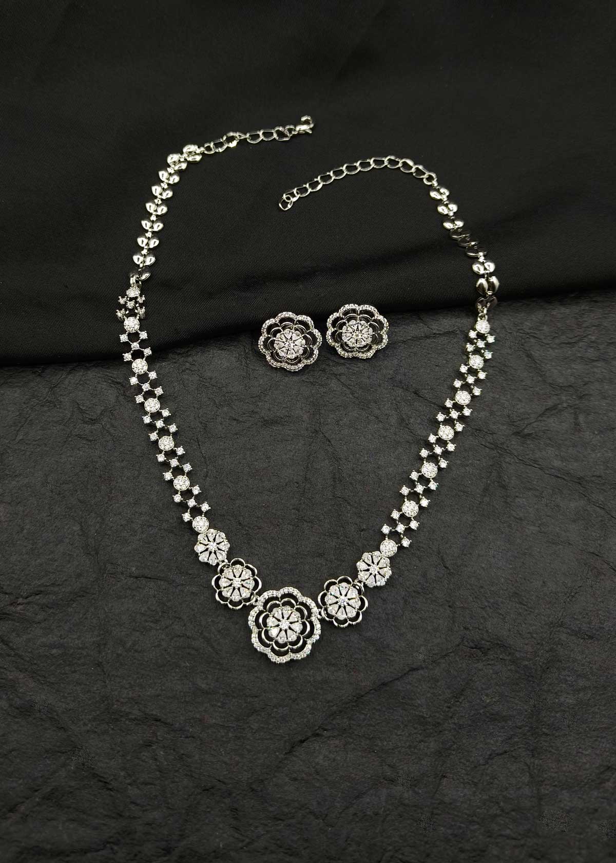 Floral Bloom Silver Plated Cubic Zircon Short Necklace Set For Women