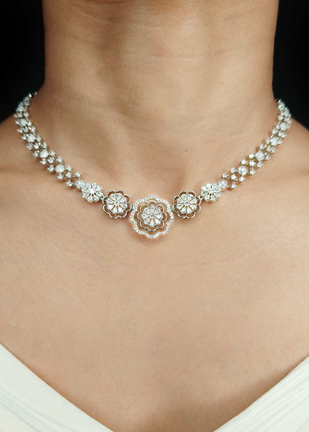 Floral Bloom Silver Plated Cubic Zircon Short Necklace Set For Women