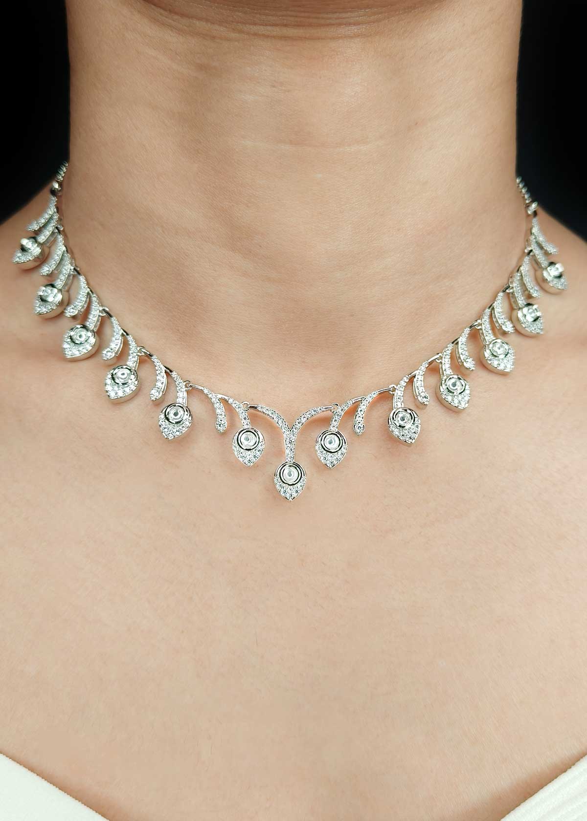 Delicate Leaf Drop Silver Plated Cubic Zircon Short Necklace Set