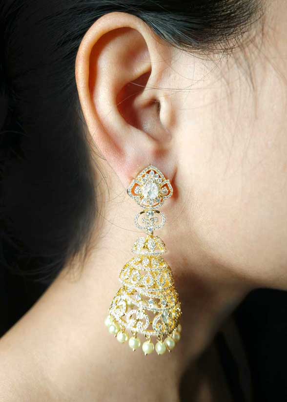Stunning Triple Layered Cubic Zircon And Pearl Gold Plated Long Jhumka Earrings