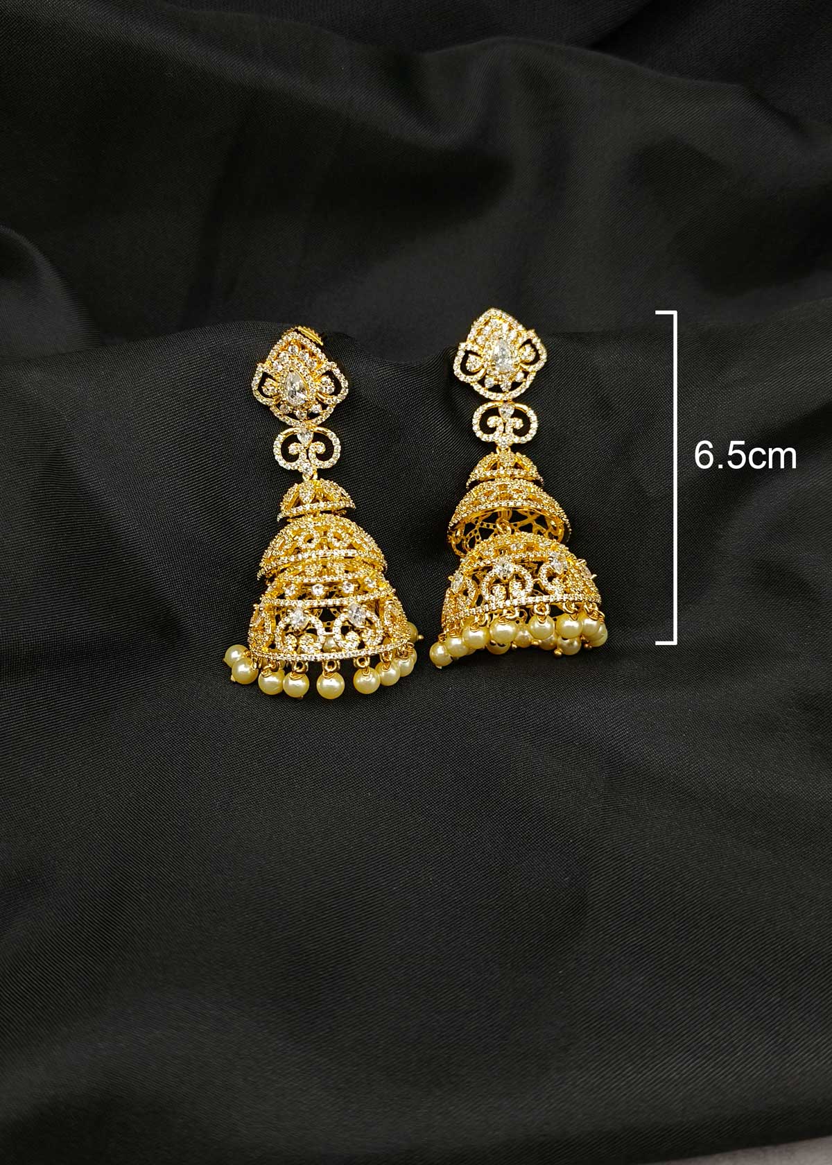 Stunning Triple Layered Cubic Zircon And Pearl Gold Plated Long Jhumka Earrings