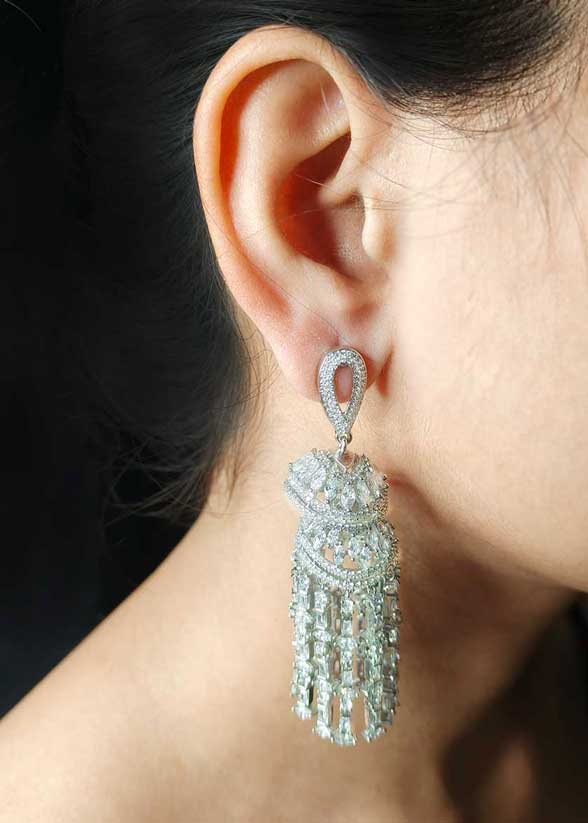 Modern Marquise Cubic Zircon Cluster Silver Plated Long Jhumka Earring