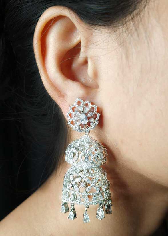 Silver Plated Cubic Zircon Double Dome Jhumkas Earrings With Tear Drop Dangles