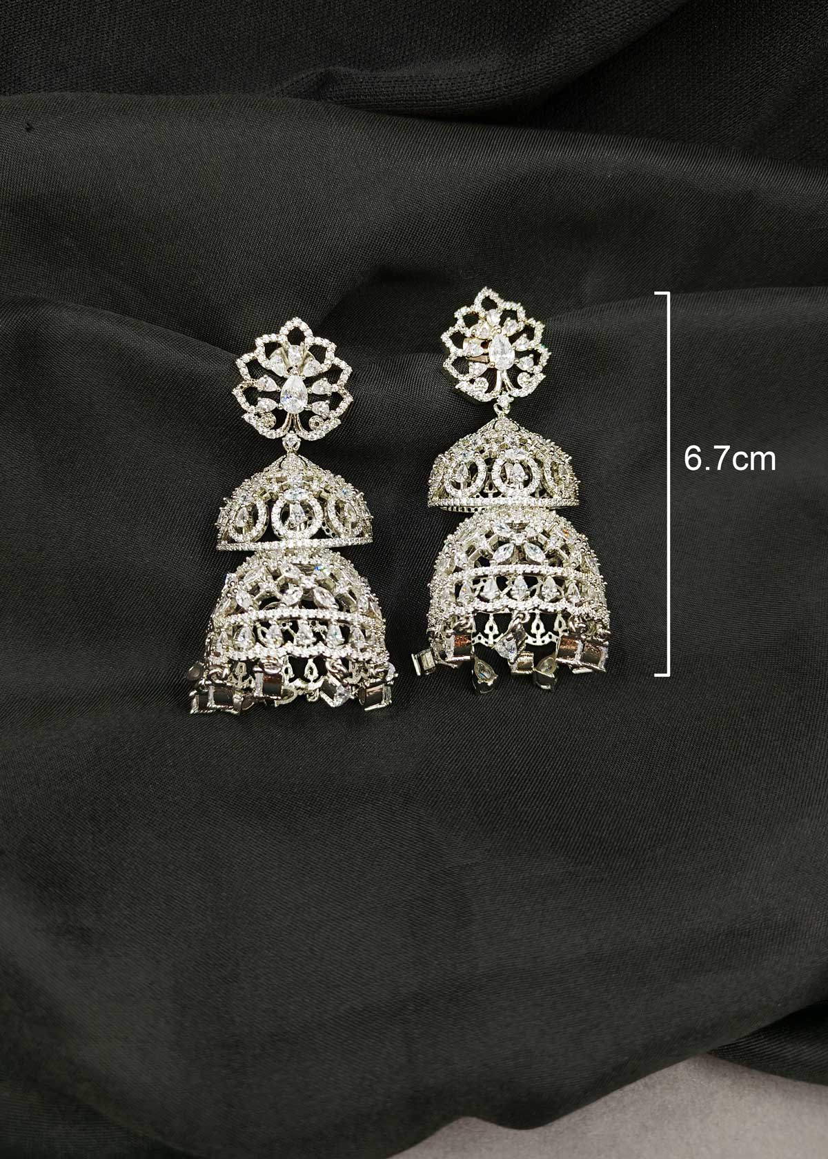 Silver Plated Cubic Zircon Double Dome Jhumka Earrings With Tear Drop Dangles