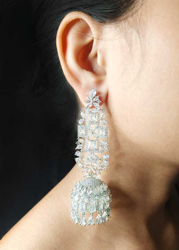 Geometric Patterns Cubic Zircon And Marquise Diamond Silver Plated Long Chandelier Jhumka Earrings